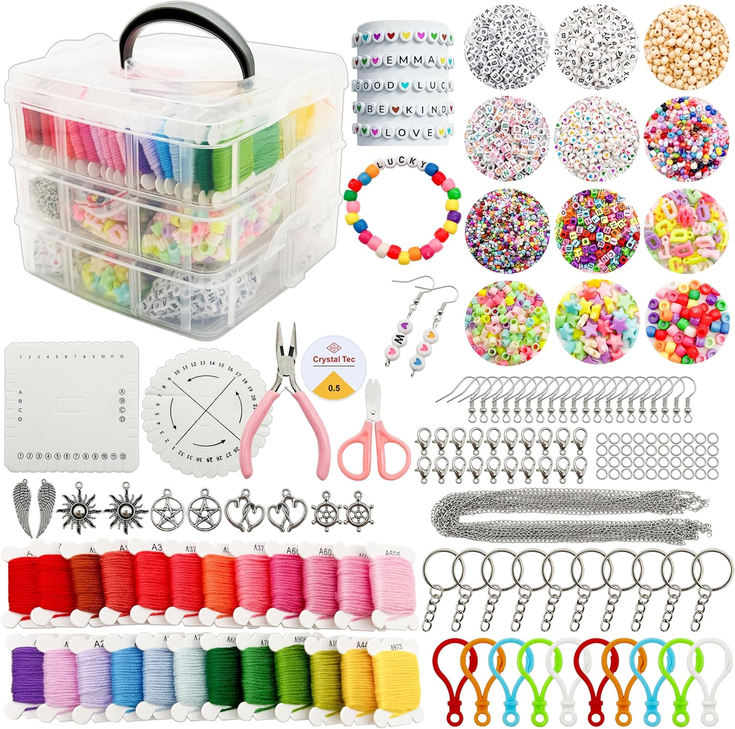 JINNBEY 4655 Pcs Jewelry Making Kits, DIY Bracelet Necklace Portable Three-Layer Spacer Box - Includes 24 Color Cotton Thread & Letter Bead & Tools, The Gift Set for Handicraft Enthusiasts