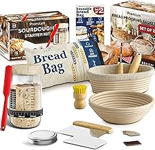 Complete Sourdough Bread Baking Kit - 9" & 10" Banneton Proofing Basket, 31.8 oz Starter Glass Jar, 2 Reusable Bread Bags & All Needed Bread Baking Supplies - Perfect Tools Kit for Baking Enthusiasts