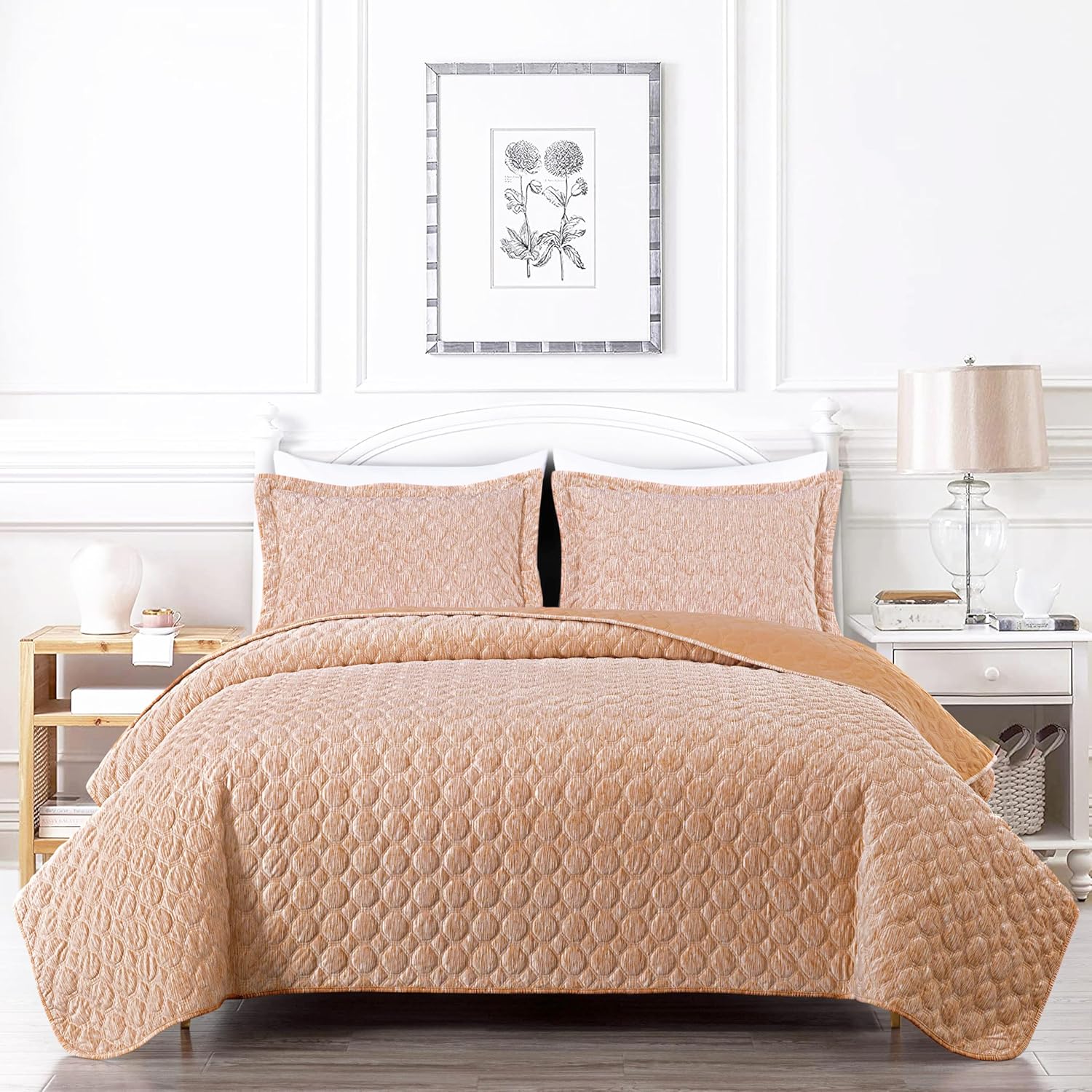 Chezmoi Collection Embossed Velvet Quilt Set Twin Size, Apricot Orange - Plush Lightweight Soft Octagon Stitched Velvet Bedding Set with 2 Pillow Shams for All Seasons with Washed Microfiber Reverse