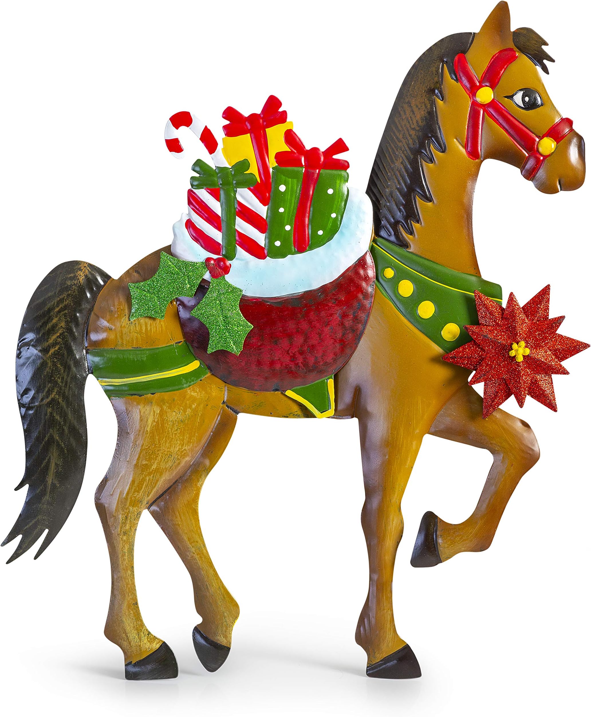 Besti Holiday Horse Christmas Decorations (Lawn Ornament) In-Ground Iron Yard Decor | Hand-Painted Craftsmanship | Colorful Presents, Poinsettia Flower, Holly Ivy