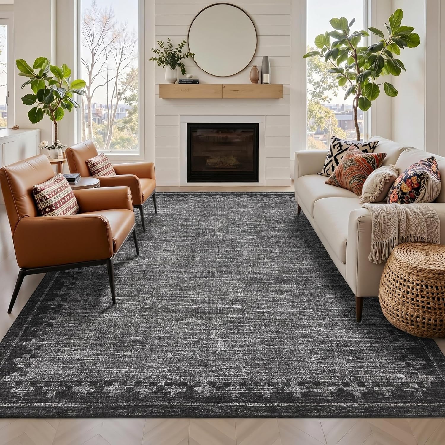 GarveeHome 8x10 Rug Machine Washable for Living Room Bedroom Geometric Bordered Non Slip Neutral Black Grey Carpet Modern Low Pile Area Rugs for Home Office Guest Room, Grey