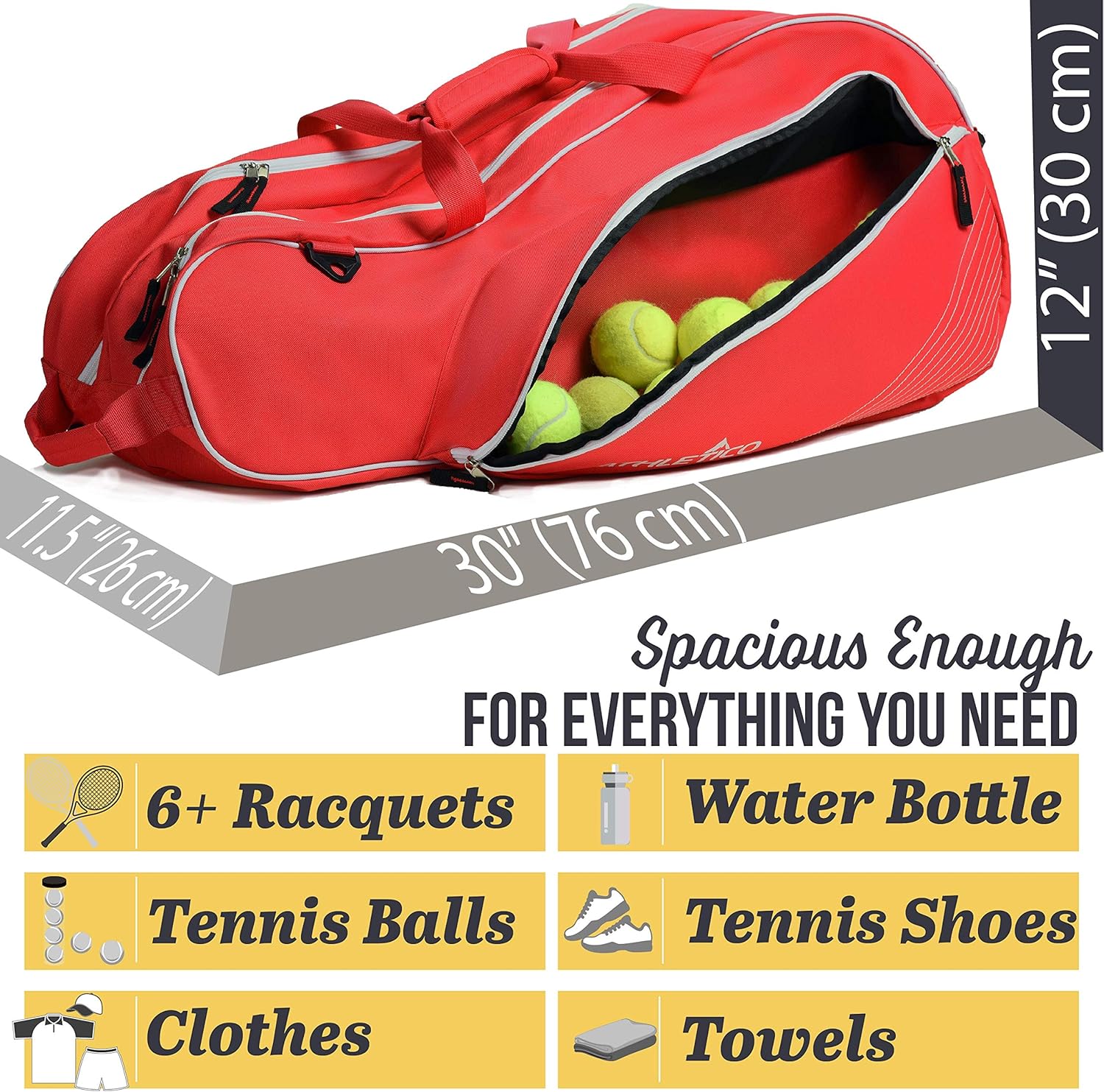 Athletico 6 Racquet Tennis Bag | Padded to Protect Rackets & Lightweight | Professional or Beginner Tennis Players | Unisex Design for Men, Women, Youth and Adults (Red) : Sports & Outdoors