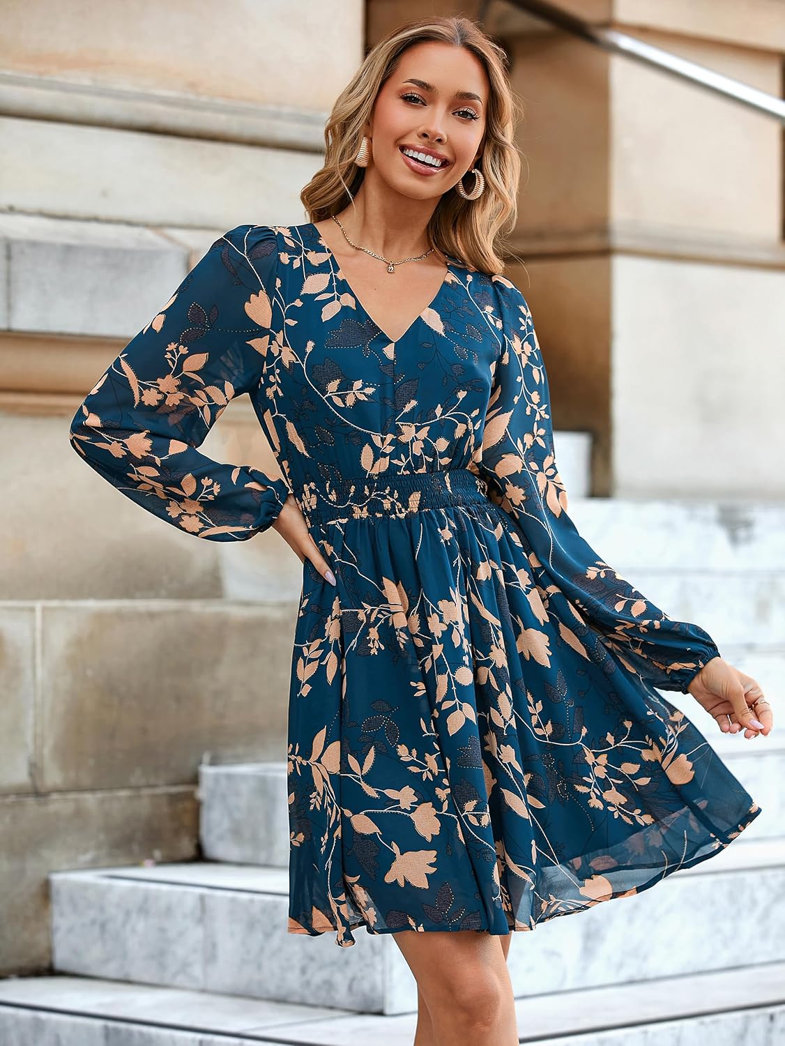Simplee Womens Floral Mini Dress Long Sleeve Casual V Neck Chiffon Modest Boho Flowy Fall Wedding Guest Dresses - Image 3