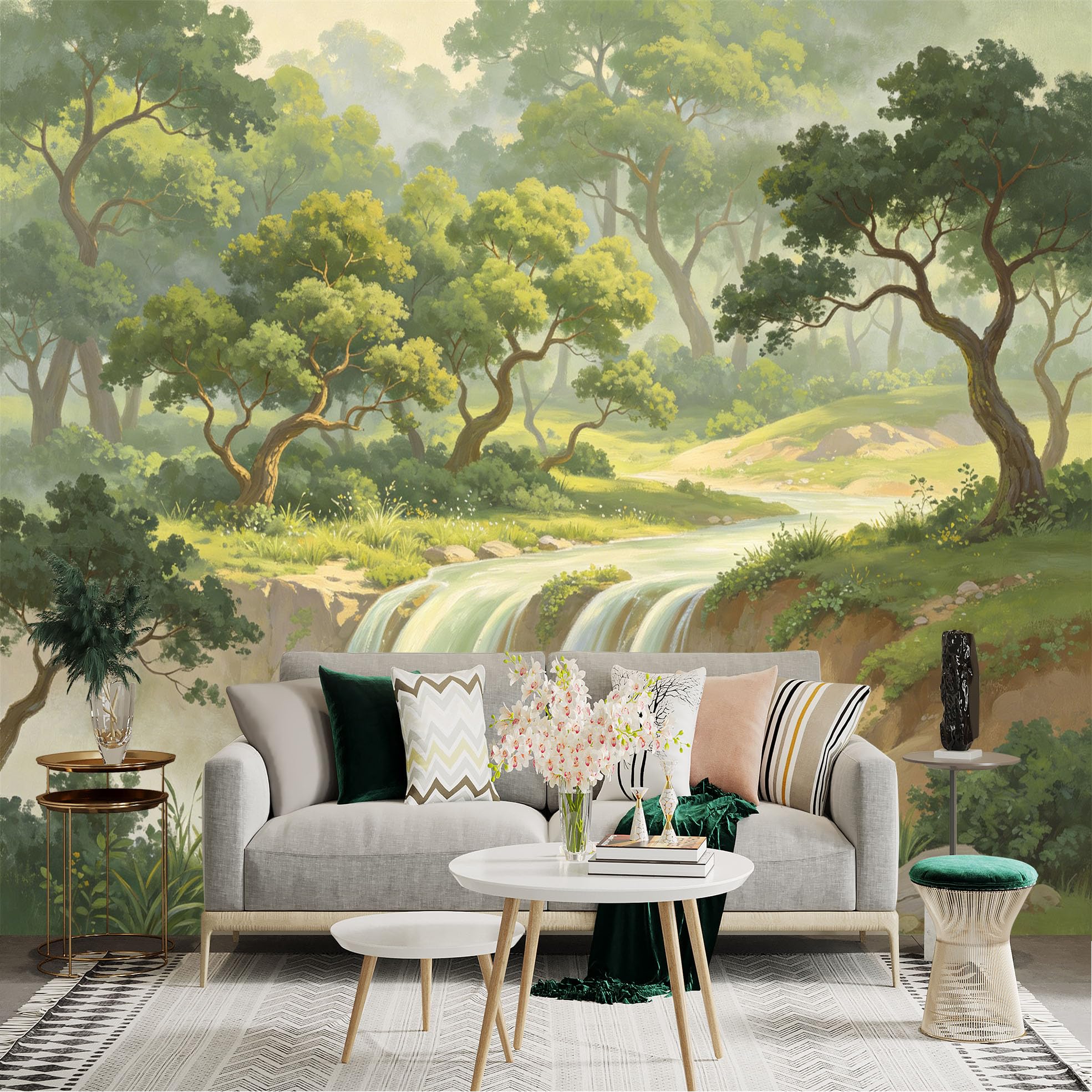 Lnzczhyre Dbh260521368 Custom Size Wall Sticker Mural， Lush Green Forest With Scenic Waterfall， Peaceful Woodland Stream， Nature Landscape Art， For Wall Decoration， Peelandstick Wall Decals.