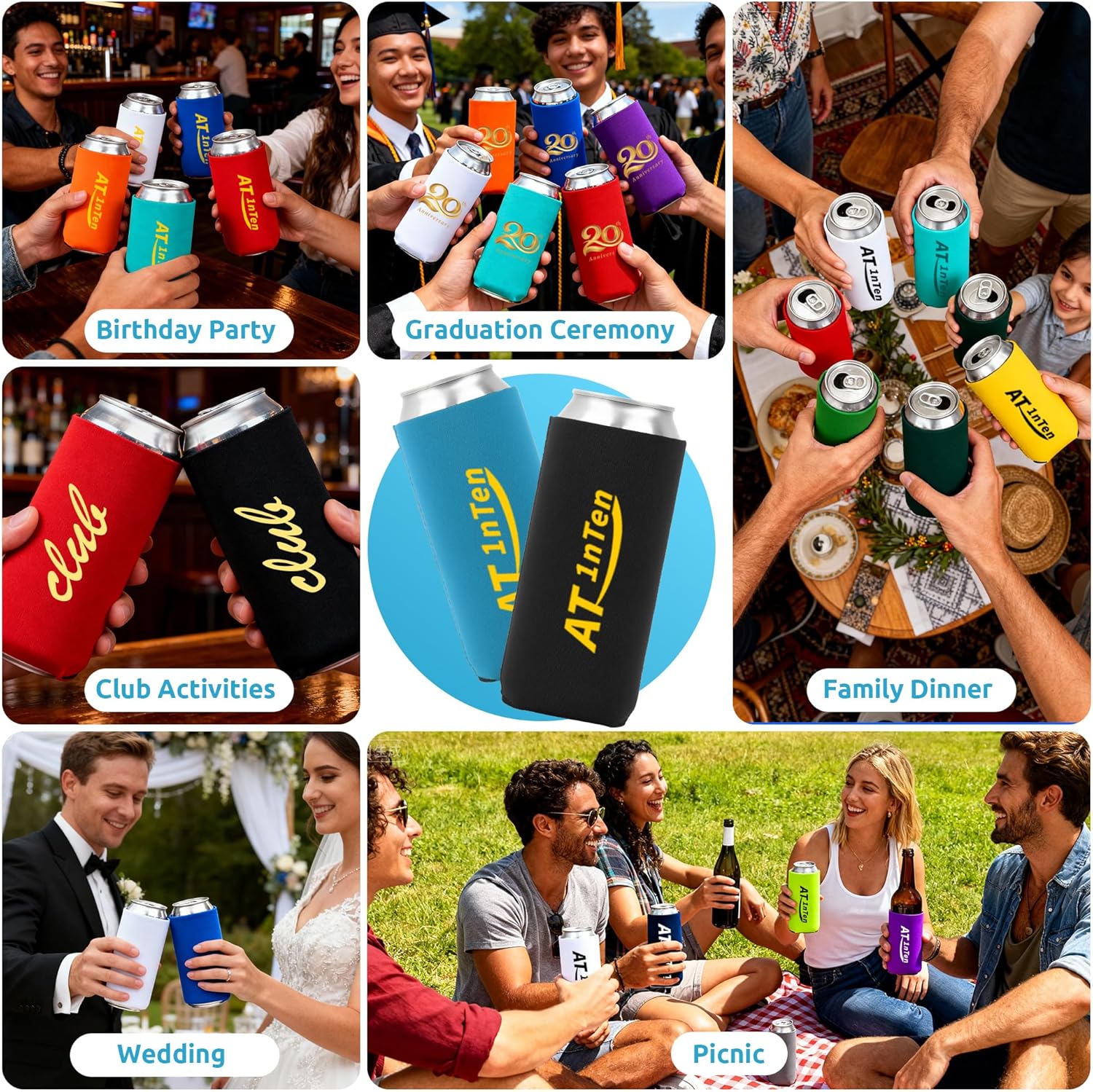 Custom Slim Can Coolers Sleeves 50-3000 Pack Bulk for 12 OZ Cans & Bottles, Personalized Collapsible Insulated Drink Holder with Logo Image Text for Anniversary Wedding Birthday Party Fishing