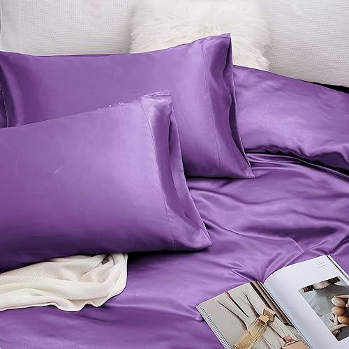 Miniatura 5 de Vonty Juego de sábanas de satén suaves y sedosas tamaño California King, 1 sábana bajera de bolsillo profundo + 1 sábana encimera + 2 fundas de