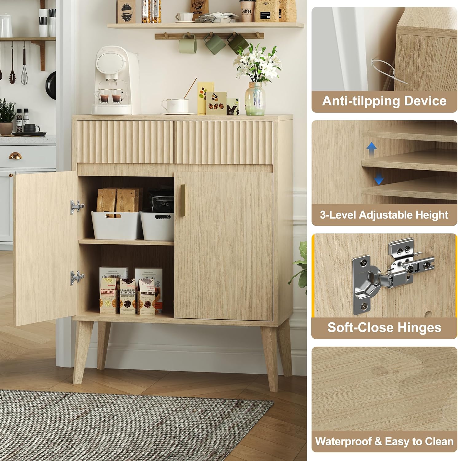 Sideboard Storage Cabinet with 2 Drawers & 2 Doors, Fluted Kitchen Buffet Cabinet with Adjustable Shelves, Coffee Bar Station for Living Room, Entryway, 13.8 x 27.6 x 35.6 in., Natural Wood