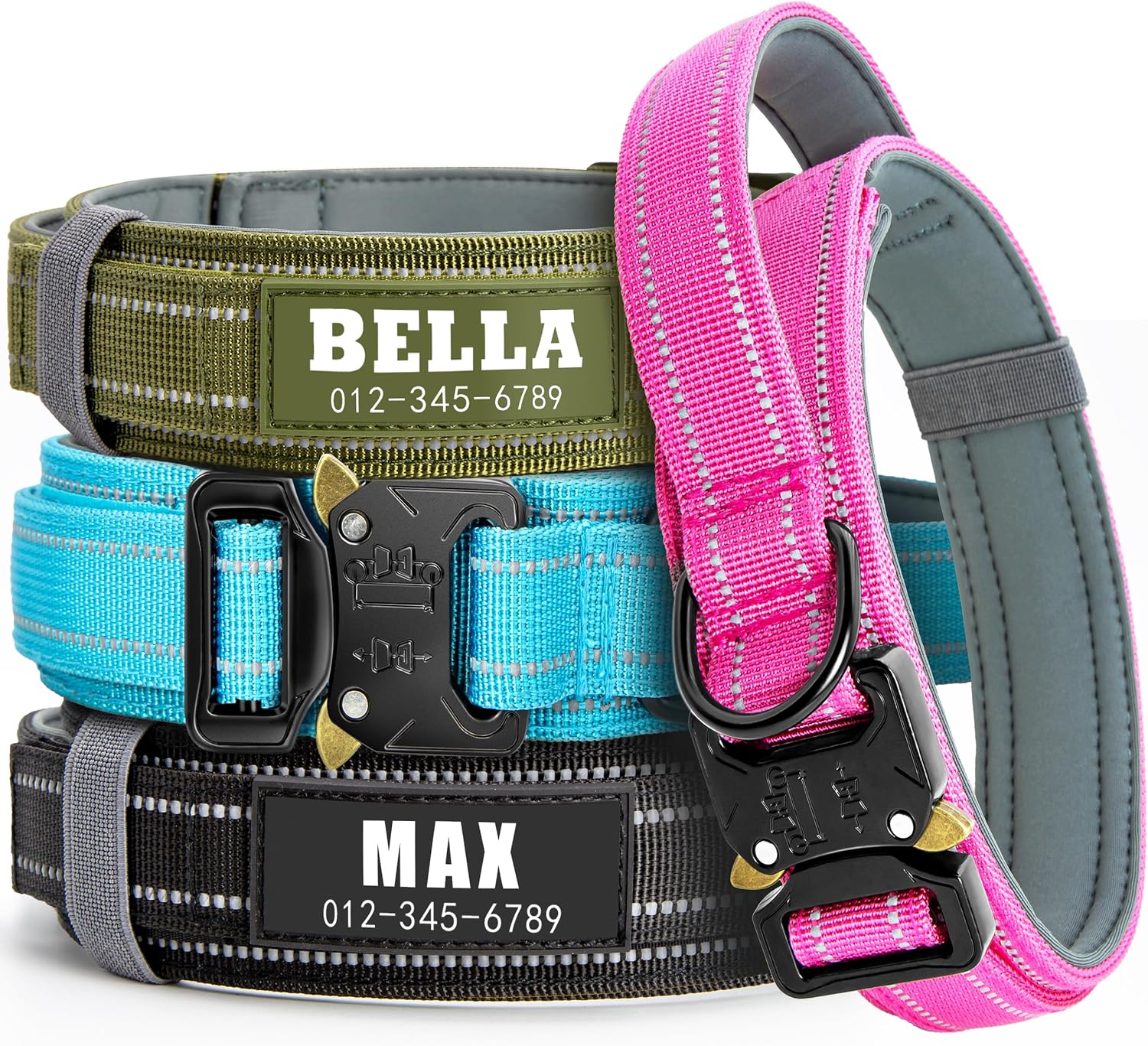 Personalized Tactical Dog Collar with Handle, Reflective & Padded