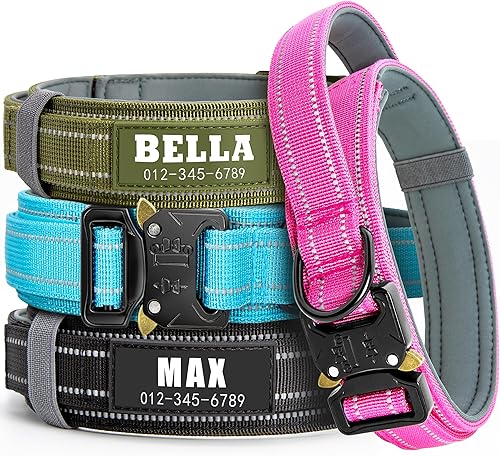 Miniatura 1 de Collar táctico personalizado para perro con asa de control, nombre y teléfono personalizados, forro acolchado de neopreno, tiras reflectantes,