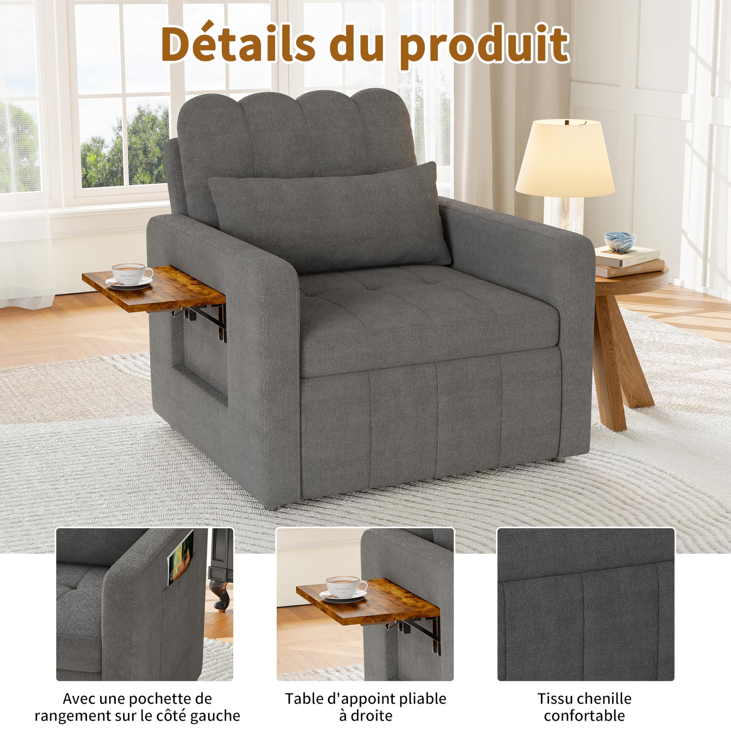 3-in-1-Bettsessel mit Bettfunktion, Schlafsessel 3 in 1 mit Neigbar 5 Positionen, Schlafsofa 1-Sitzer 190 x 70 x 86 cm, Sessel Ausklappbar 1-Sitzer aus Chenille Klapptisch Matratze Kissen und Tasche
