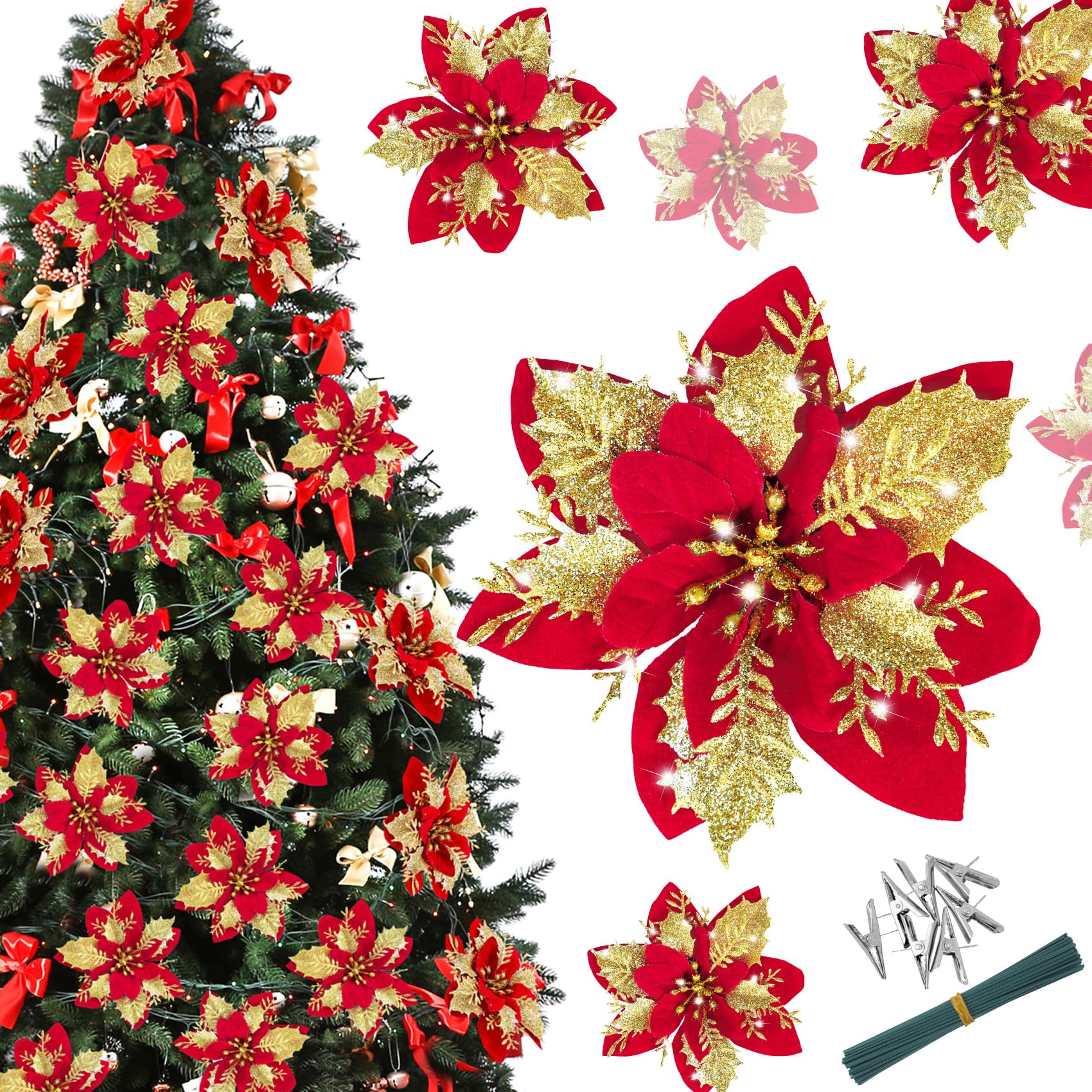 24 Pcs 5.5" Gold Red Glitter Poinsettia Artificial Christmas Flowers Decorations with 24 Pcs Metal Clips & Stems for New Year Christmas Tree Ornaments DIY Crafts Holiday Decor