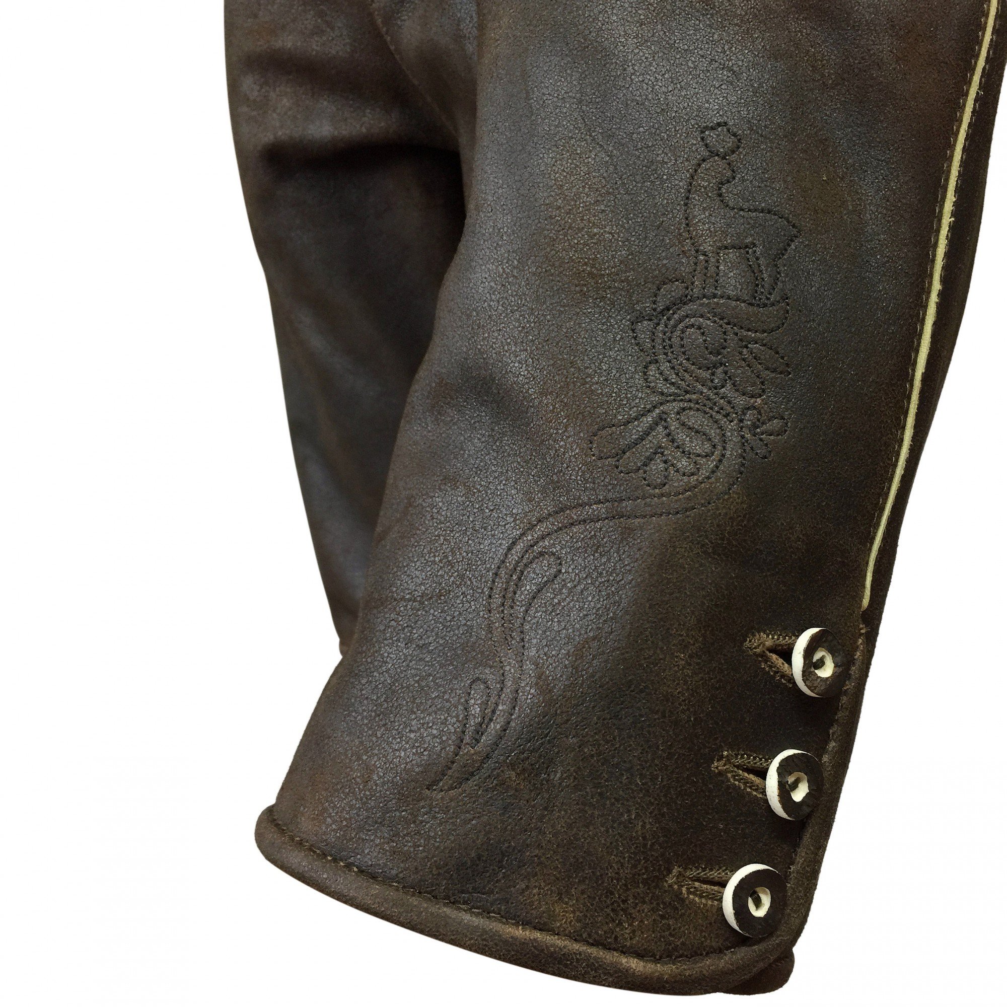Lederhose kurz braun speckig Antik-Patina Trachten Leder Hose Trachtenlederhose Reißverschluß Zipp Hornknöpfe weiches Wildbockleder Herren (auch Damen) Freizeit und Wandern