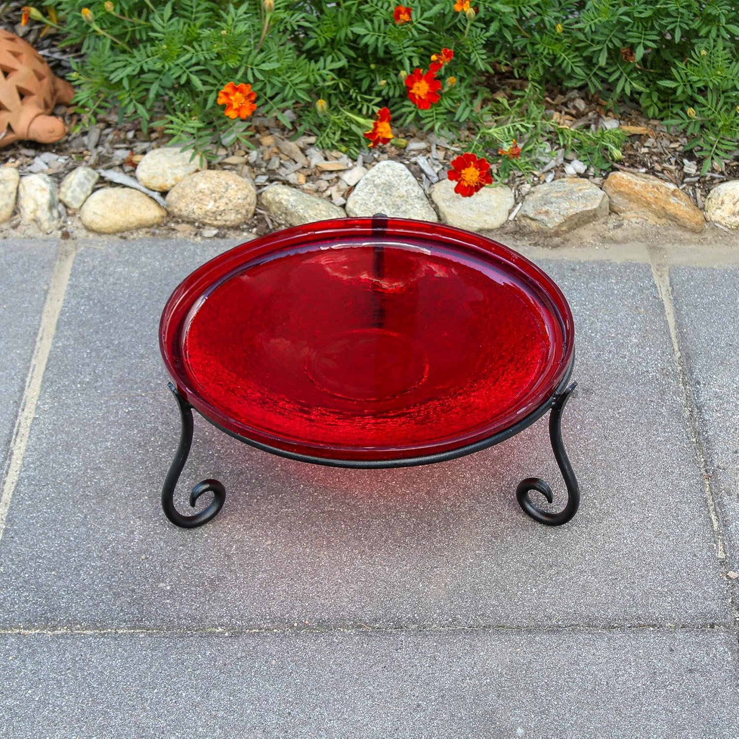 14" Red Crackle Birdbath- Short Stand II