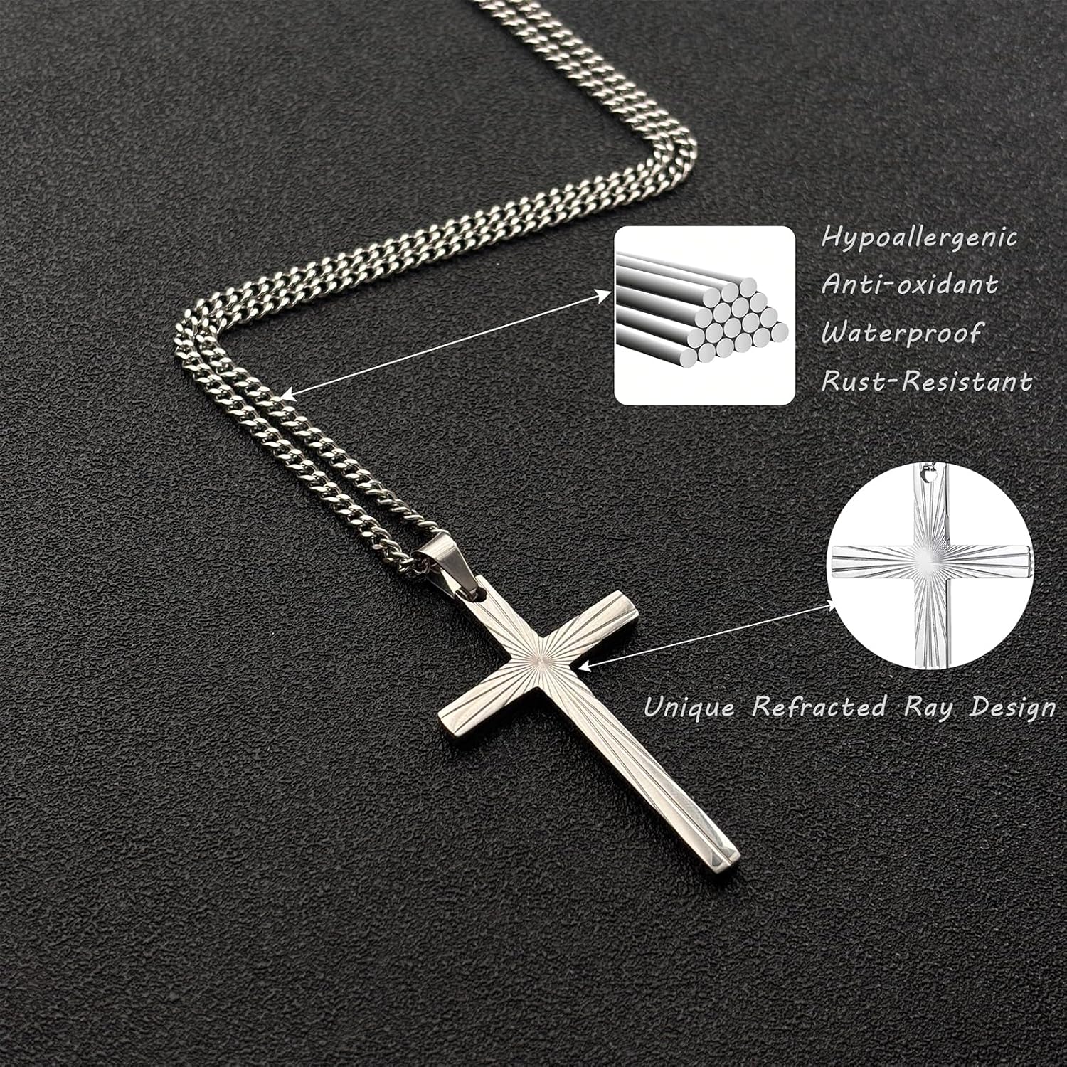 Cross Necklace for Men, Stainless Steel Sunburst Cross Pendant, Non-Fading 3mm Cuban Chain, Black Silver Gold Christian Jewelry, Faith Necklace for Men and Women, Christmas Gifts for Him 18-24inch - Image 7