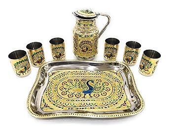 NAVRANG Stainless Steel Meenakari Peacock Design Drinking Glass with Serving Tray & Jug Golden