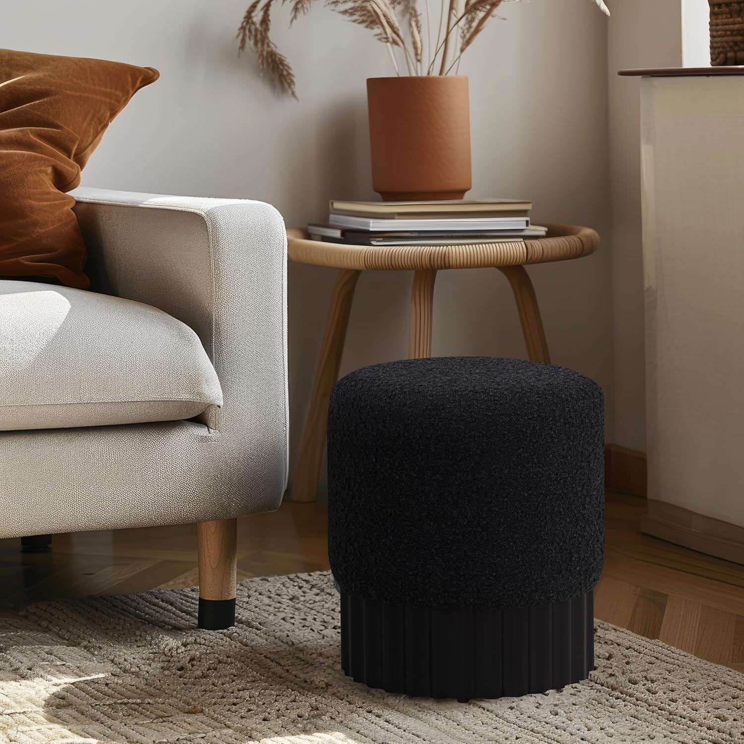 Meridian Furniture Veranda Boucle Fabric Ottoman/Stool in Rich Black