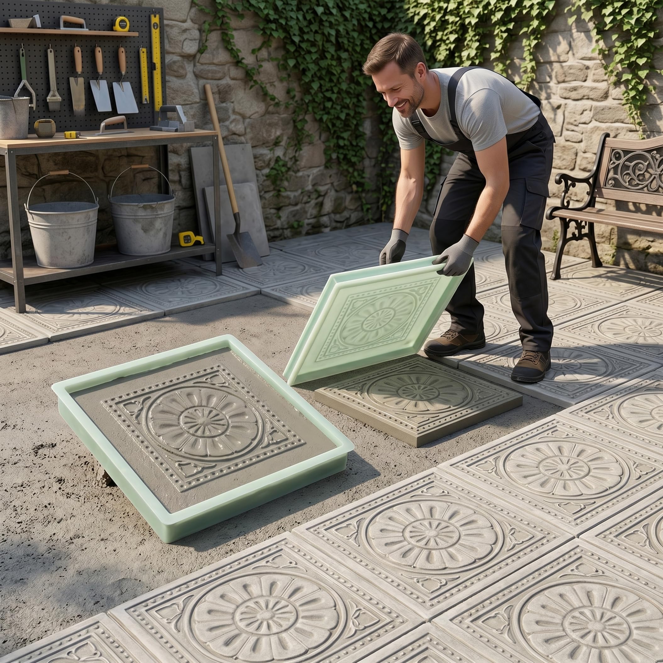moules à ciment | Paquet de 2 moules à ciment, pavé en béton de 16x16 pouces, plastique réutilisable épais avec motif fleurs exquis, blanc