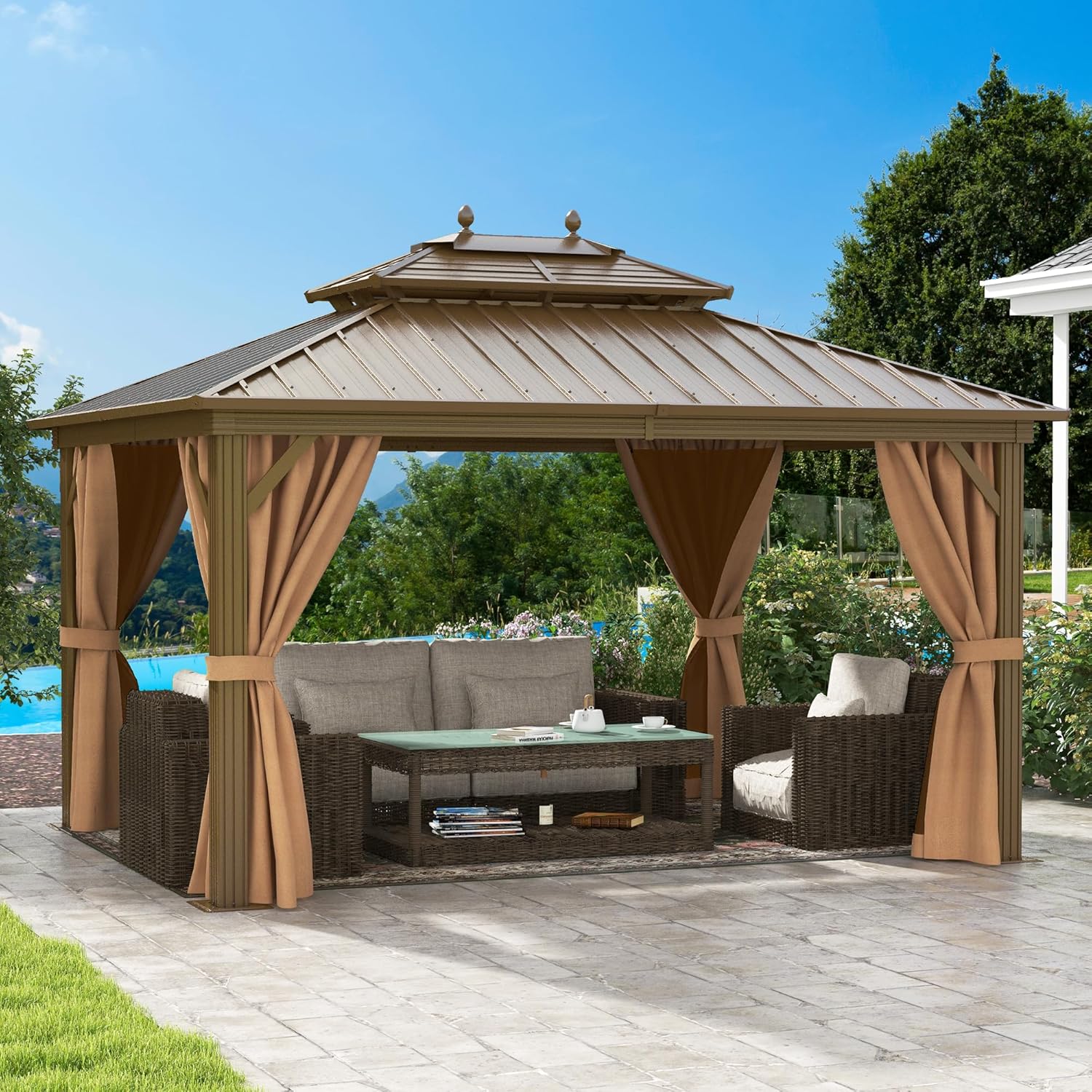 DWVO 10x12ft Hardtop Gazebo Heavy Duty Double Roof Galvanized Steel Outdoor with Nettings and Curtains, Combined of Horizontal Vertical Stripes Roof for Patio, Backyard, Deck, Lawn, Bronze