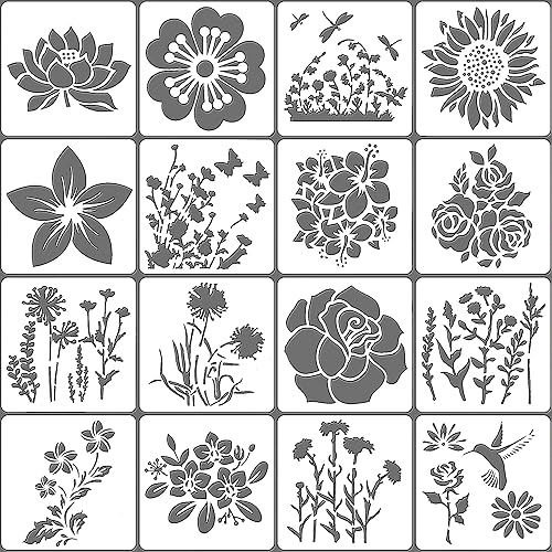 Plantillas de flores para pintar sobre madera, juego de 16, plantillas de PLA compostables para pintar en paredes, lienzo, metal, cerámica,