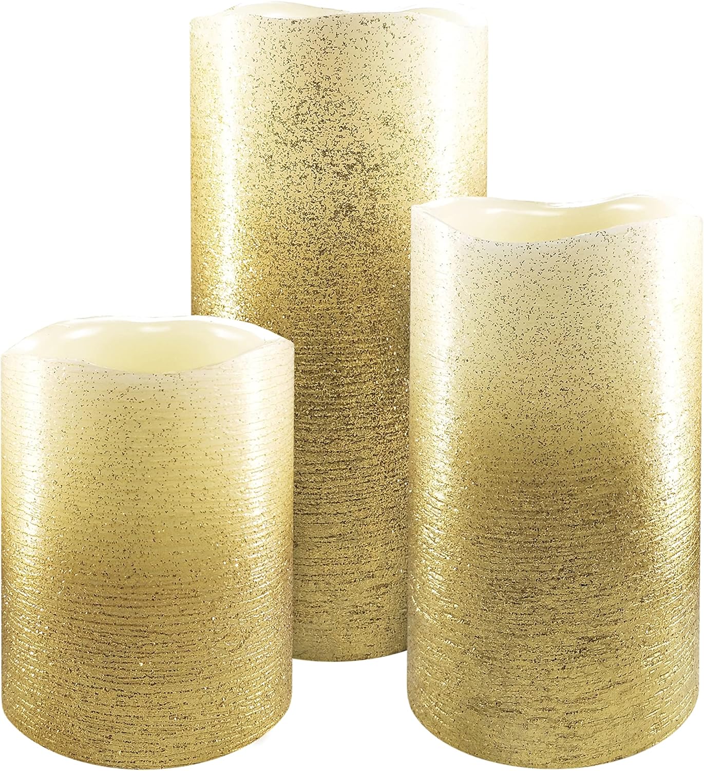FURORA LIGHTING Gold Ombre Real Wax LED Pillar Candles Pack of 3, Slow-Crafted Glitter Flameless Candles with 5/19 Timer for Home Décor, Battery Included