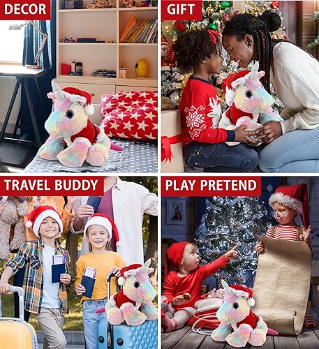 Miniatura 4 de DolliBu Santa Floppy - Juguete de peluche de unicornio arcoíris – Vestido súper suave con traje rojo de Papá Noel, lindo regalo de unicornio,