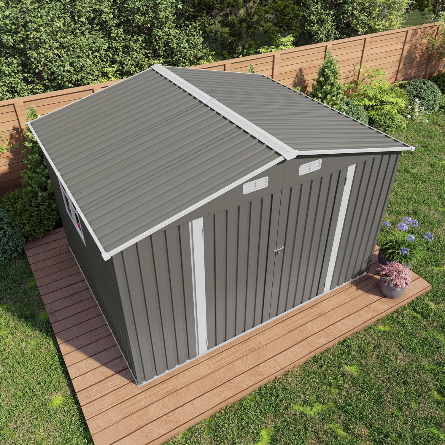 Outdoor Metal Storage Shed (10x8 FT) with Lockable Doors, Galvanized Steel Garden Tool Shed, 370 Cu Ft Capacity, Gray