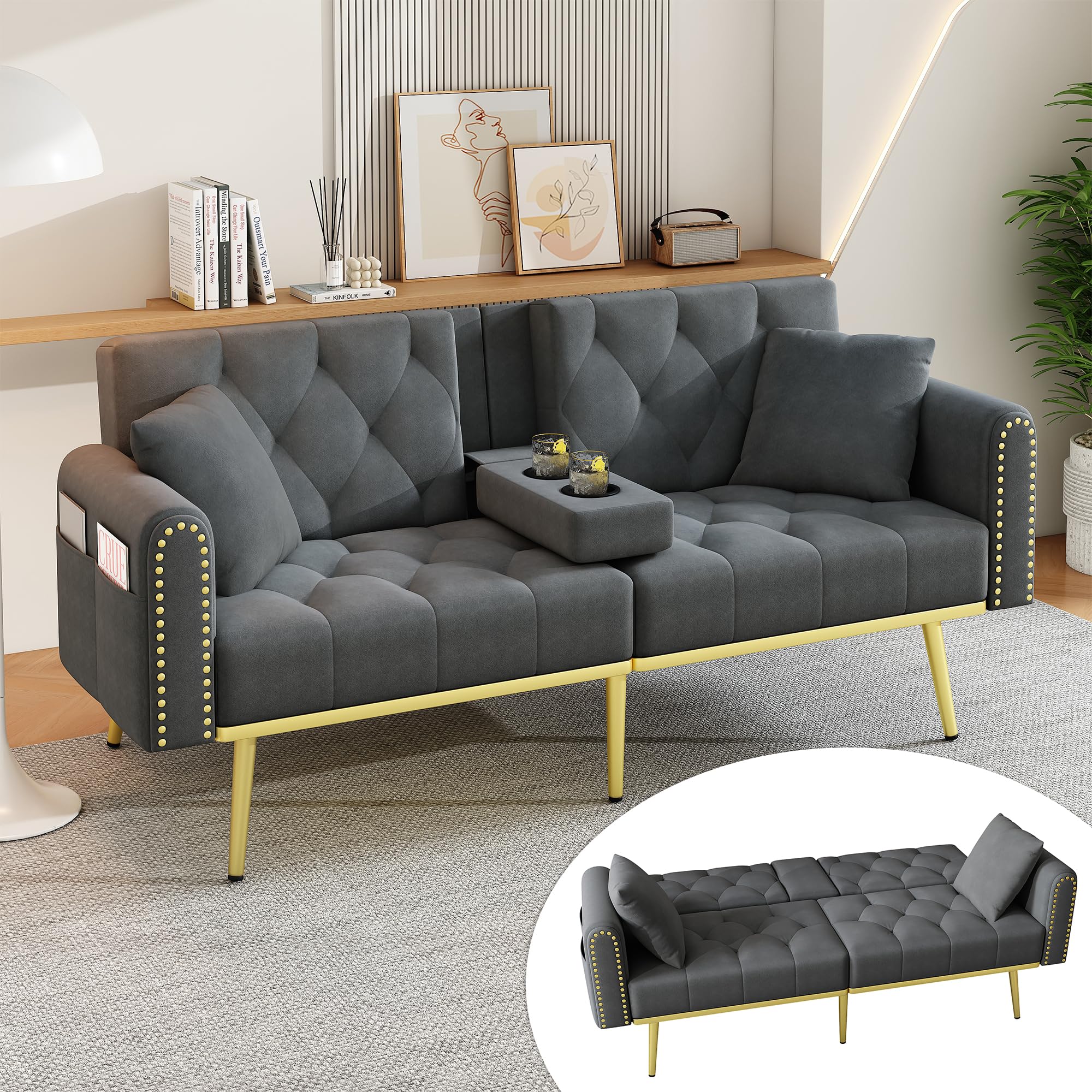 Schlafsofa 2 Sitzer mit Schlaffunktion, Schlafcouch 2-in-1 verstellbare, DREI verstellbare Neigungswinkel und Getränkehalter, Geeignet für Wohnzimmer, Gästezimmer aus Samt, Grau