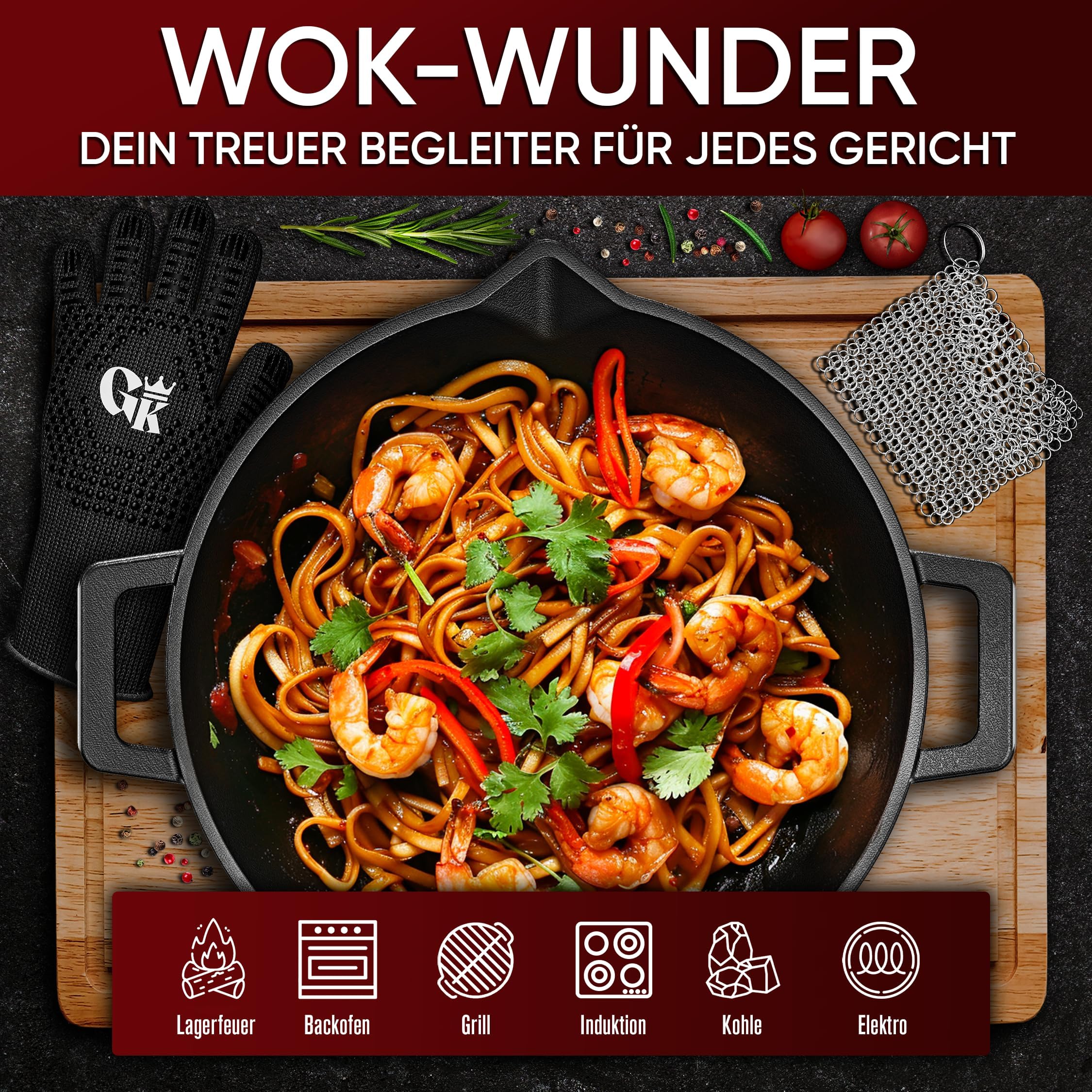 GUSSKÖNIG Gusseisen Wok Pfanne - 35 cm robuste Wokpfanne für Gasgrill, Herd, Ofen und Lagerfeuer- Gusseisen Wokpfanne inkl. Pflegepaste, Ringreiniger, Grillhandschuhe & Rezeptbuch - 30 Jahre Garantie