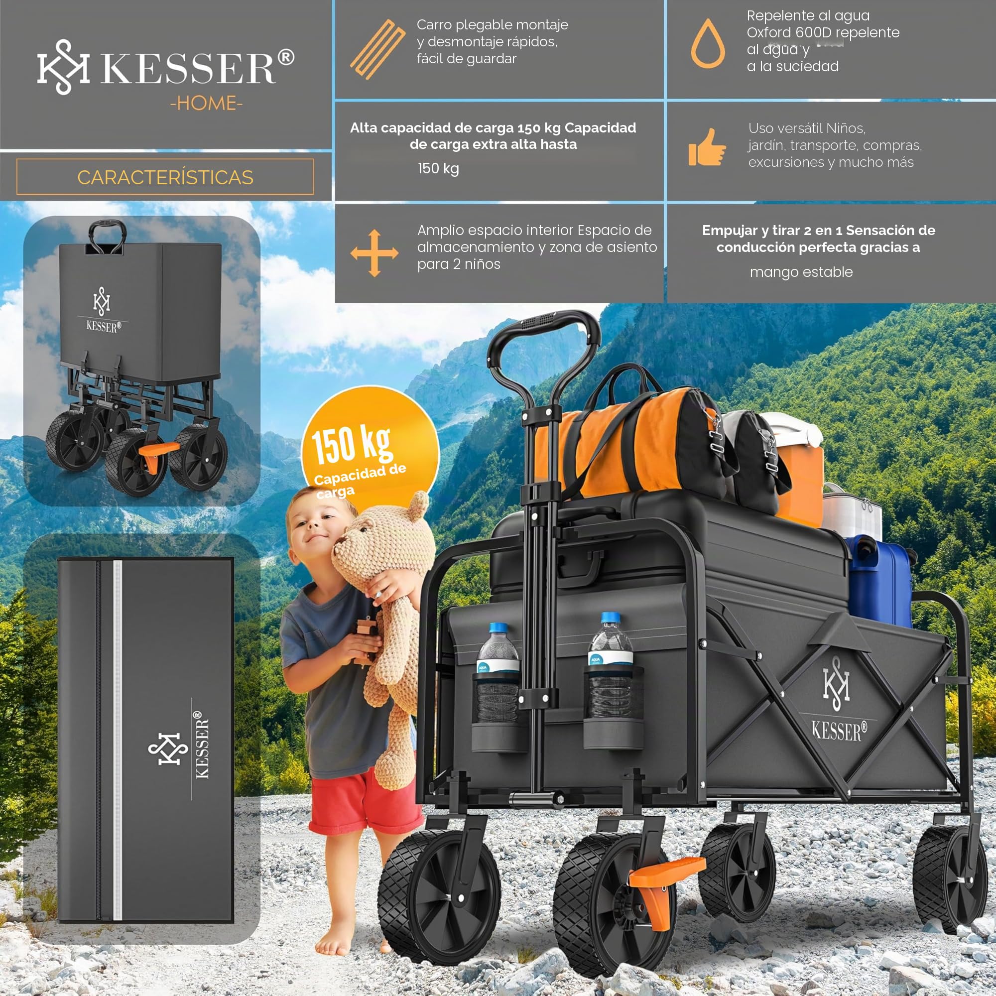 KESSER® Carro de mano plegable con capacidad de carga máxima de 150 kg y neumáticos de PVC de 360°, incluye 2 bolsillos de red, bolsillo lateral y cubierta, carro de transporte para jardín sin techo