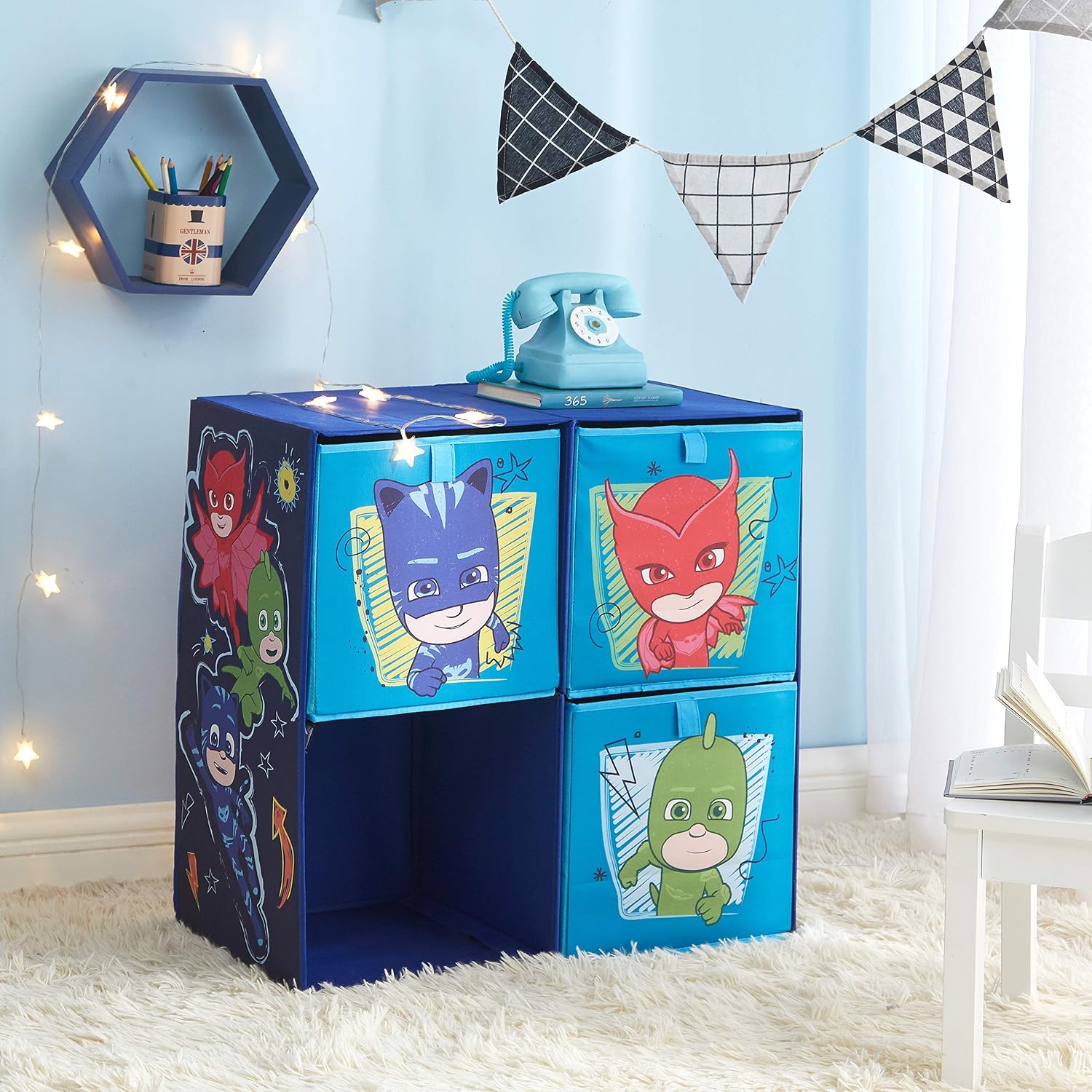 Idea Nuova PJ Mask Collapsible Soft Storage Cubby with 3 Collapsible Cubes, Blue