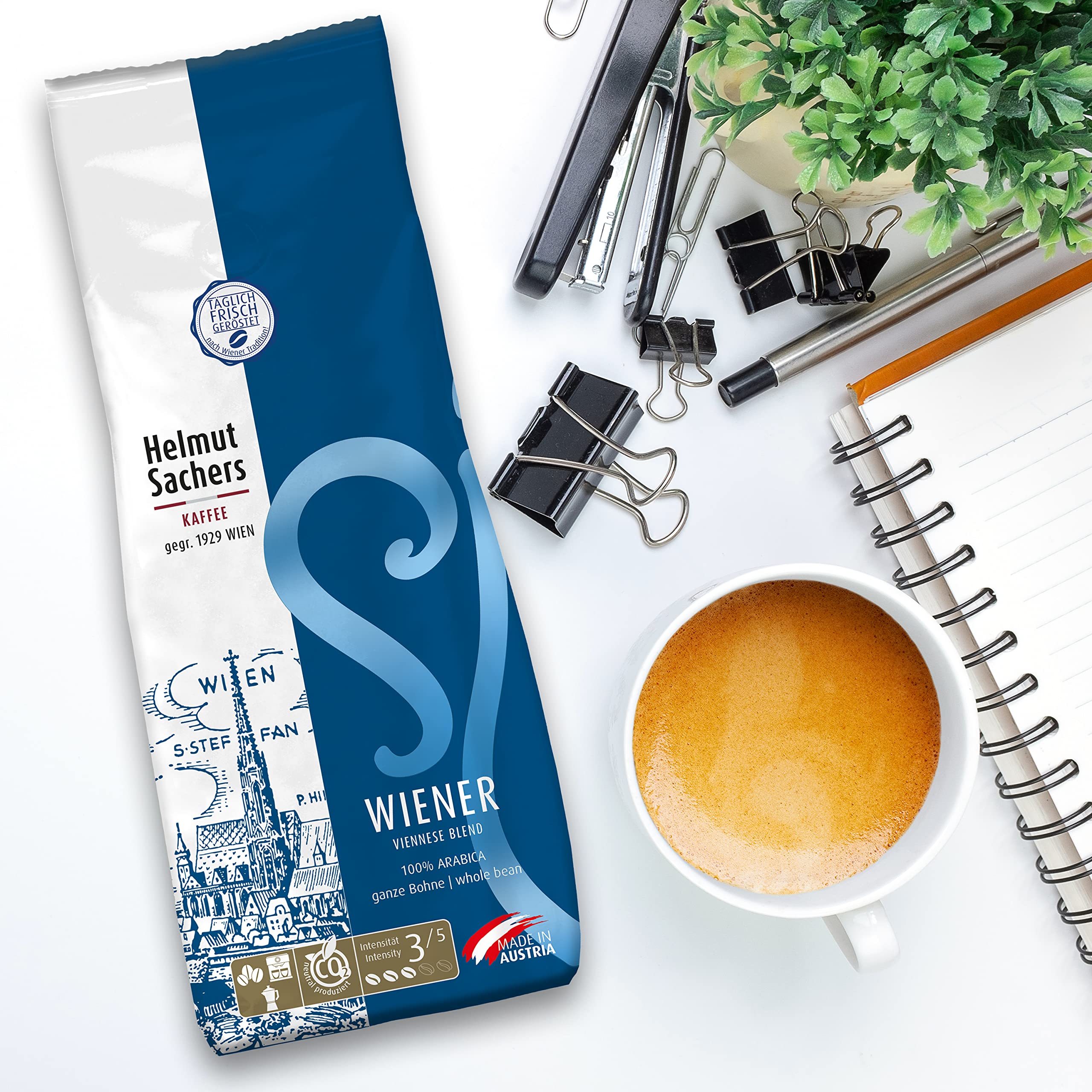 Helmut Sachers Kaffee - Mieszanka wiedeńska, kawa z wiedeńskiego melanżu z najwyższej jakości ziaren Arabica wyżynnej, trwale palona w Austrii - całe ziarna kawy, 6 x 500 g