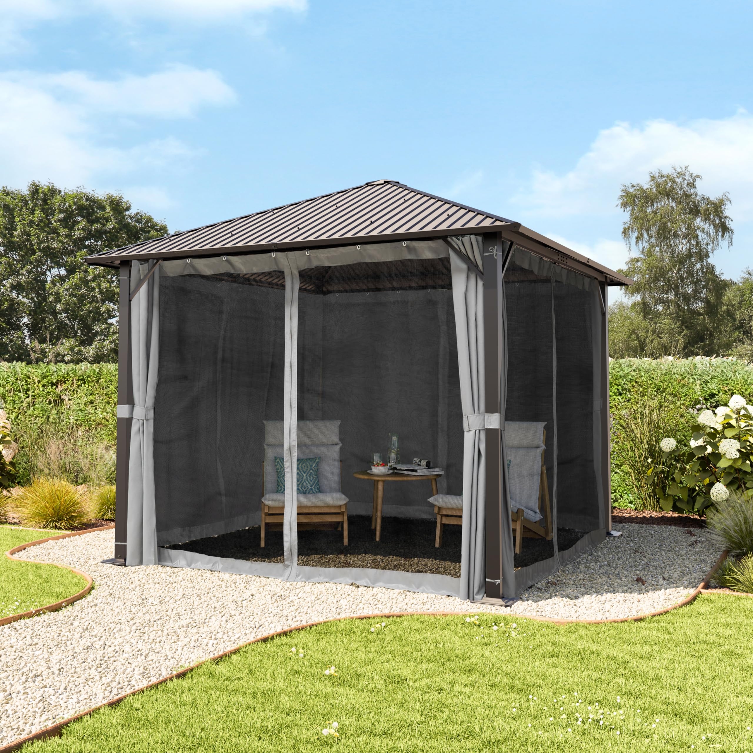 TOOLPORT Gazebo da Giardino 3x3 m Tetto Hardtop in Acciaio con Teli Laterali e Zanzariere in Grigio