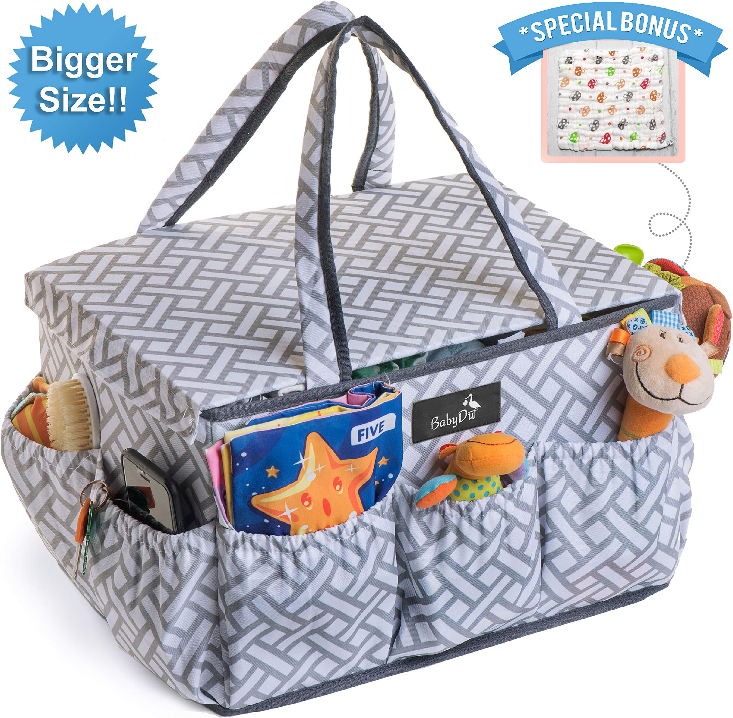Premium Diaper Caddy Organizer with Dust Cover, Large Nursery Travel Storage Bin, Portable and Washable Basket, Tote Bag for Diapers, Bottles, Wipes, Toys, Baby Shower Gift, w/Free Hand Towel