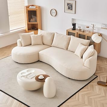 Curved Sofa Couch, 122.8" Modern Upholstery Sherpa Boucle Fabric Sofa Comfy Cloud Couch with Pillows, Mid Century Modular Sectional Sofa for Living Room Apartment, Left Hand, Beige