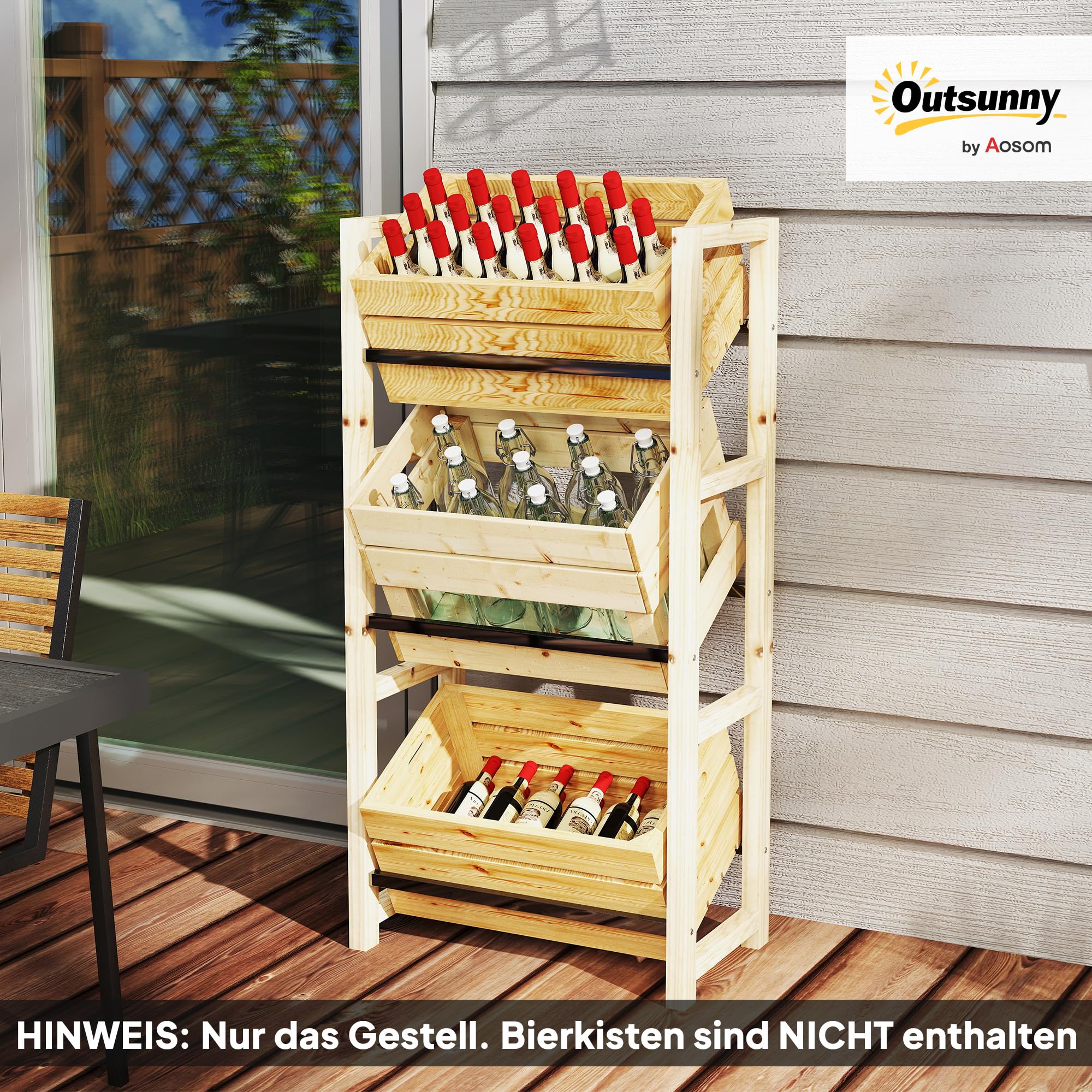 Outsunny Getränkekistenregal für 3 Getränkekisten Getränkeregal Holz Kistenregal mit 3 Ebenen freistehend Getränkekistenhalter belast 150kg Kistenständer für Bier, Wasser 56 x 32 x 112 cm Naturholz