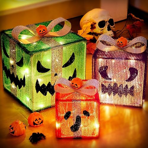 3 Pack Lighted Halloween Pumpkin Gift Boxes with 8 Modes