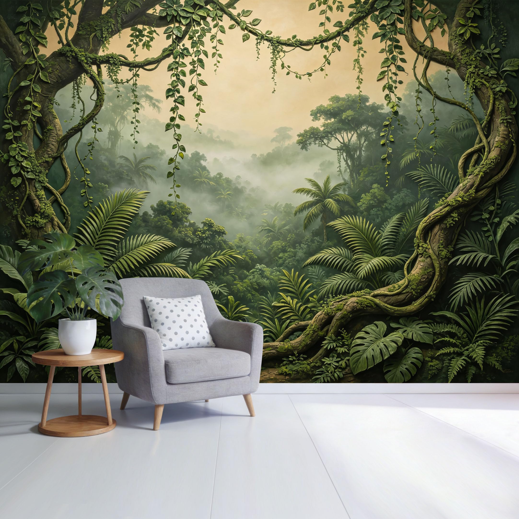 Custom Size Wall Mural Tropical Jungle Green Foliage Misty Rainforest Vines Botanical Landscape SelfAdhesive Wall Fabric Removable Wallpaper for Home Office Decor
