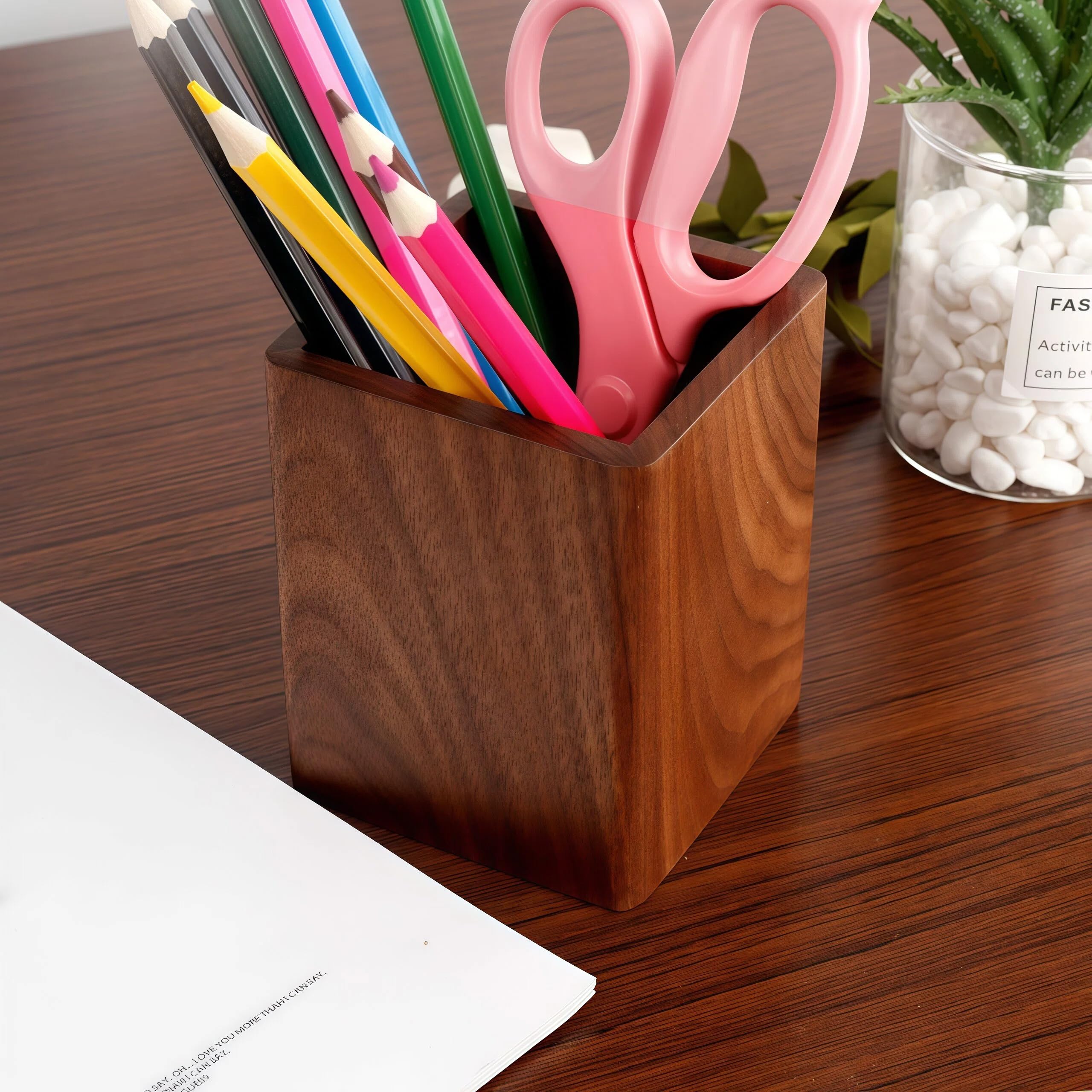 Titular de madera natural de escritorio lápiz organizador escritorio oficina lápices soporte simple (nogal negro)