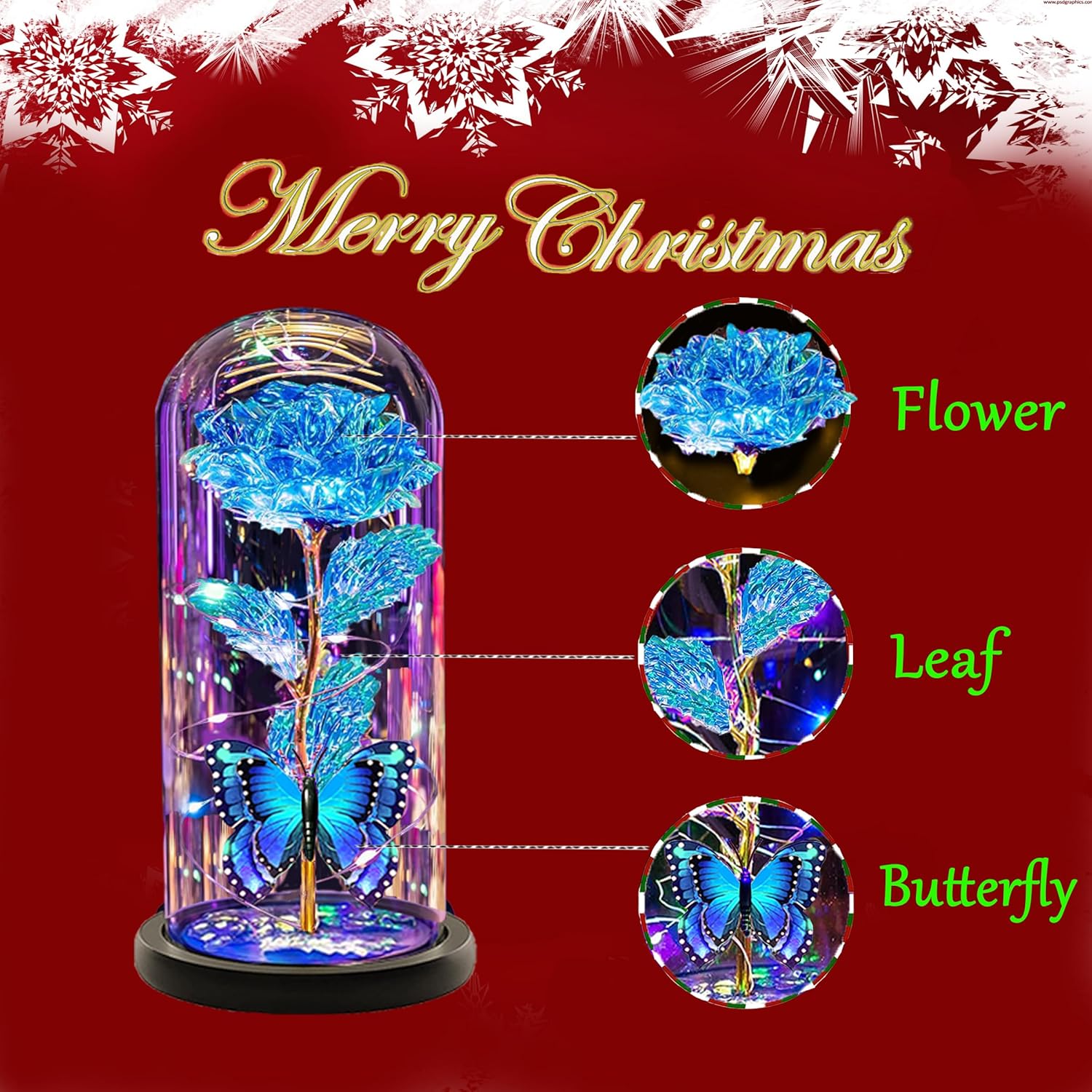Mothers Rose Gifts for Mom ，Mothers Rose Flowers Gifts for Women Wife,Galaxy Crystal Light Up Blue Rose in Glass Dome Rose Gifts for Mom Girlfriend