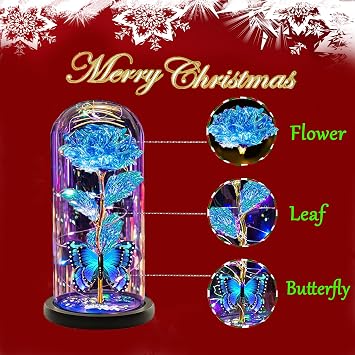 Mothers Rose Gifts for Mom ,Mothers Rose Flowers Gifts for Women Wife,Galaxy Crystal Light Up Blue Rose in Glass Dome Rose Gifts for Mom Girlfriend