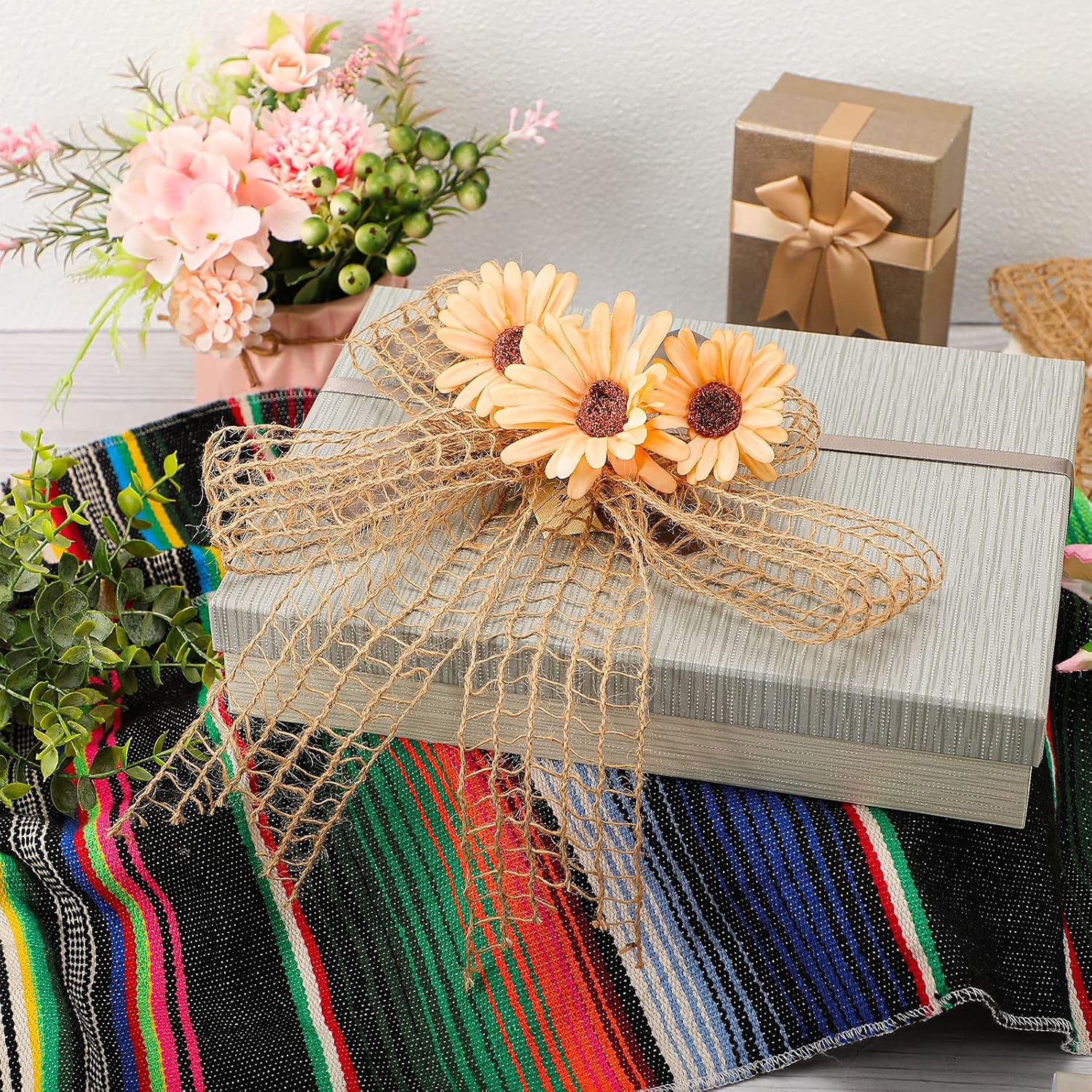 2 Rolls Mesh Burlap Wired Ribbon Open Weave Burlap Net Ribbon Fabric DIY Craft for Wrapping Bow Wreath Party DIY Crafts Home Decor(20 Yards x 2.5 Inch,5 Square Grids)