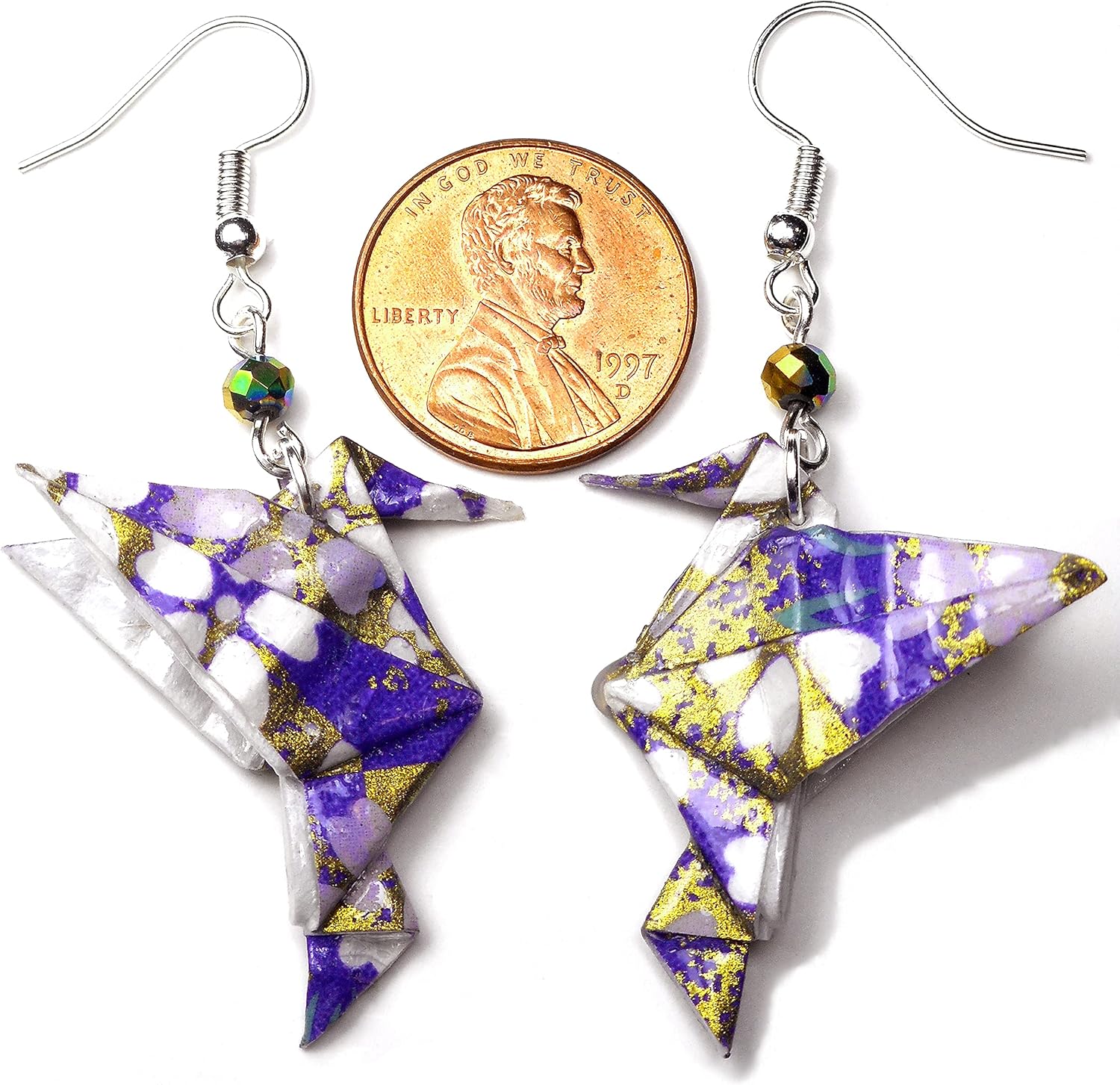 Lavender Purple Gold Print Paper Origami Hummingbird with Glass Bead Earrings, 1st Anniversary Christmas Gift