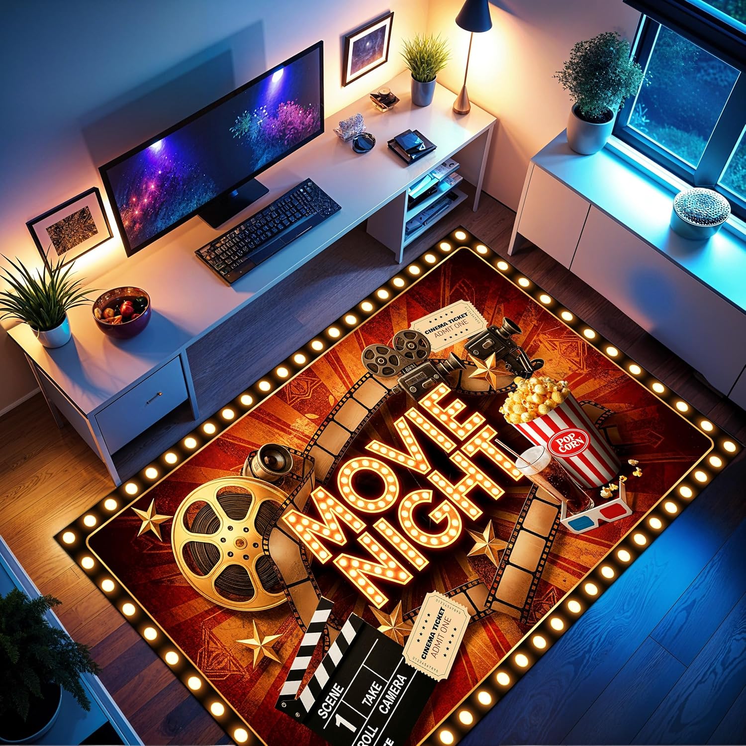 Movie Night Area Rug, Custom Home Theater Decor, Machine Washable Non-Slip Floor Carpet for Cinema Room, Living Room, for Movie Lovers A04