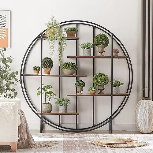 Miniatura 4 de kevinplus Estante redondo con escalera para plantas, estantería moderna, estantería industrial de 5 niveles, almacenamiento abierto con madera de