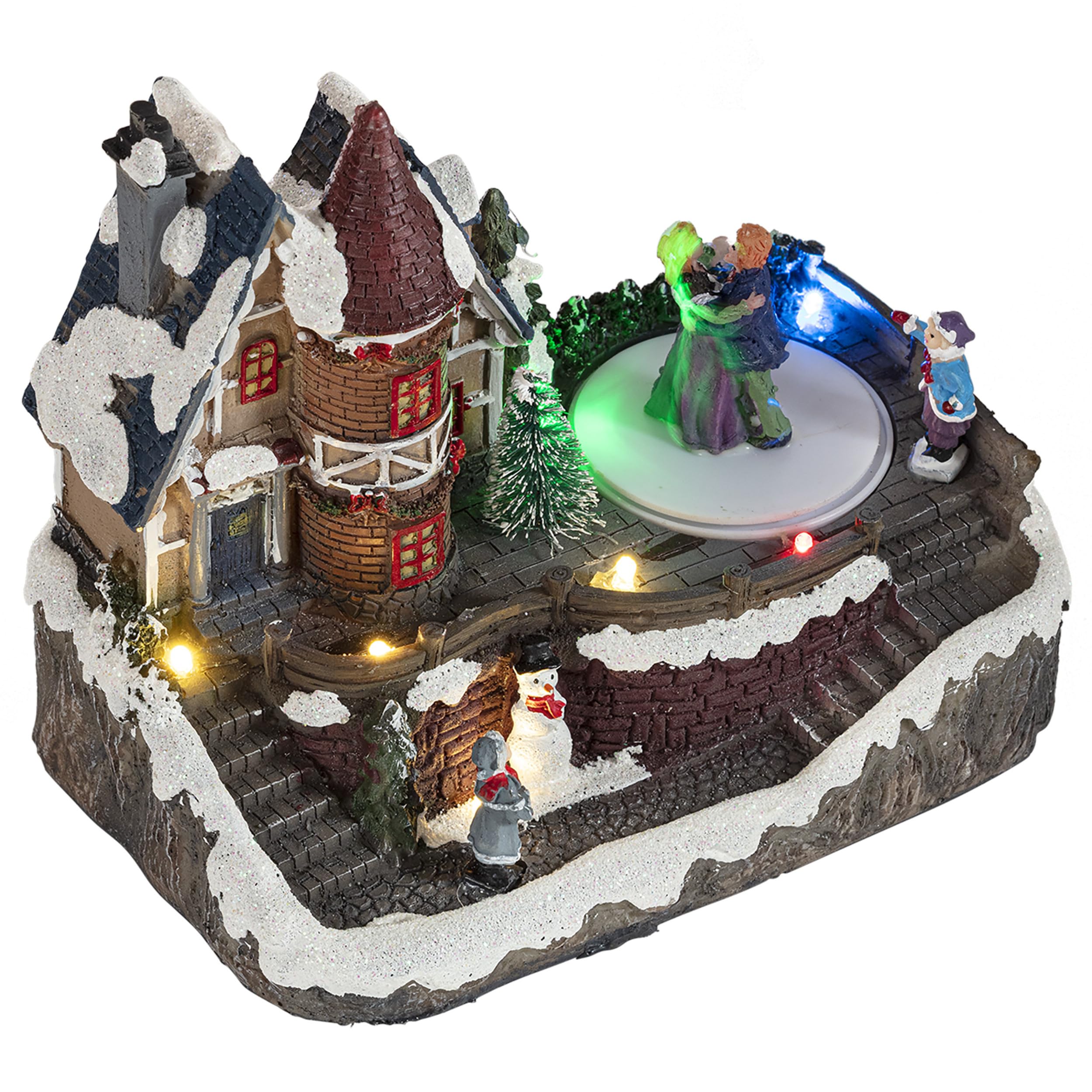 Alpine Corporation 6" Tall Indoor Animated Christmas Village with Dancing Ice Skaters and Multicolor LED Lights, Tabletop Christmas Decoration