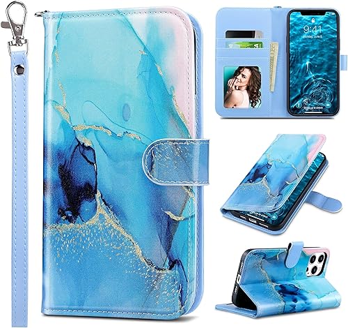 ULAK Funda tipo cartera compatible con iPhone 13 Pro Max para mujer con tarjetero de crédito, funda protectora de piel sintética diseñada con