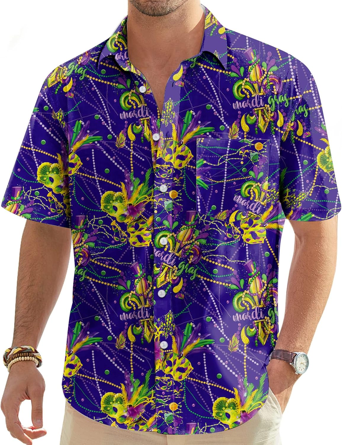 Mardi Gras Shirts for Men New Orleans Mardi Button Down Shirt Carnival Themed Short Sleeve Holiday Blouse Tee