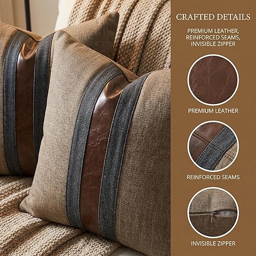 Vista 5 de BOYSUM Juego de 2 fundas de almohada de cuero, decoración de exteriores, de lino marrón, de imitación de piel sintética, para sofá, café, 16 x 16