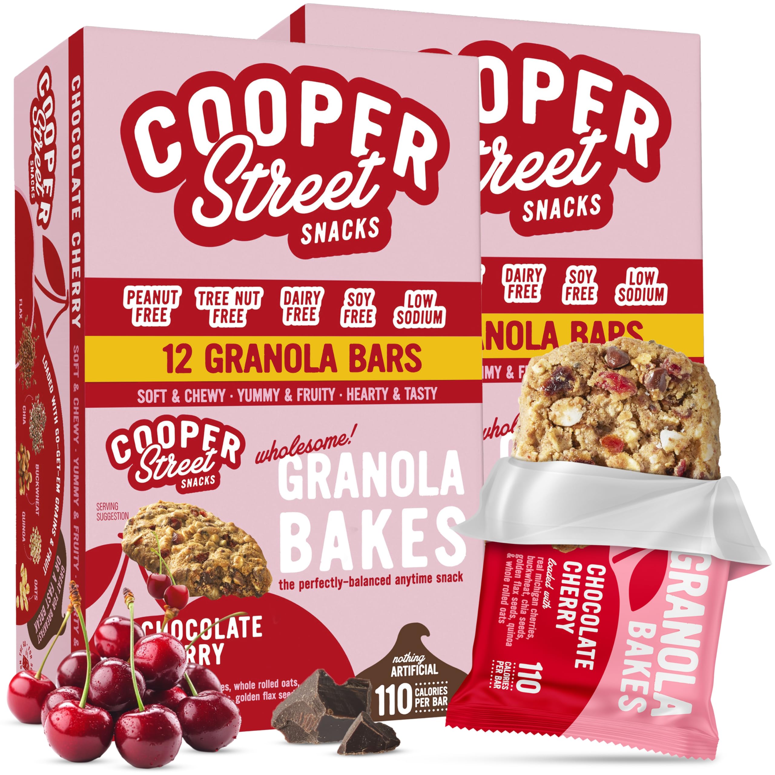Cooper Street Chocolate Cherry Granola Bakes (24 pack) - Individually Wrapped Soft and Chewy Breakfast Granola Bars - Nut, Dairy & Soy Free - Great As Kids Snacks For School, Hiking Or Lunchbreak