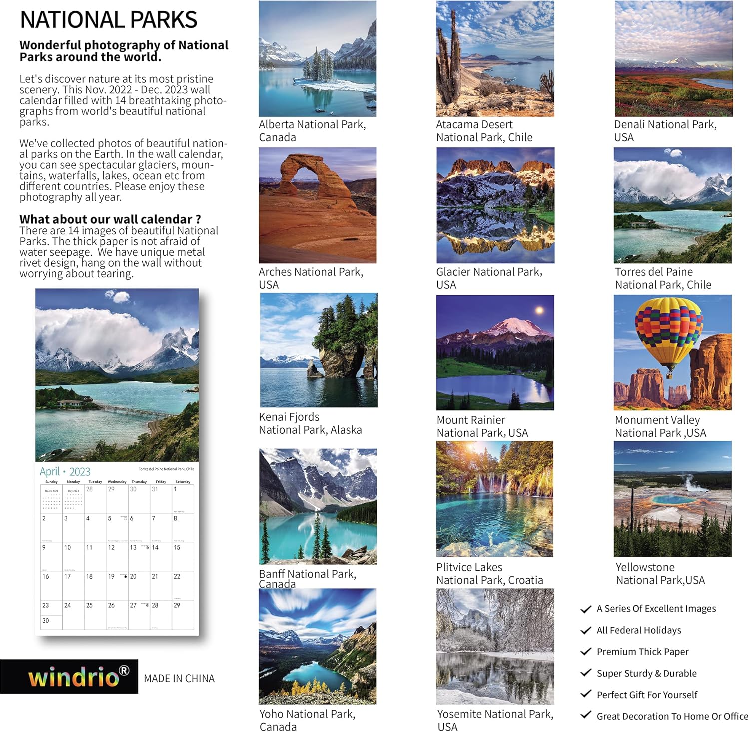 2023 Wall Calendar ,14 Monthly Wall Calendar NATIONAL PARKS Nov. 2022 - Dec. 2023, 12" x 24" Opened,Full Page Months Thick & Sturdy Paper for Gift Calendar Organizing & Planning : Office Products